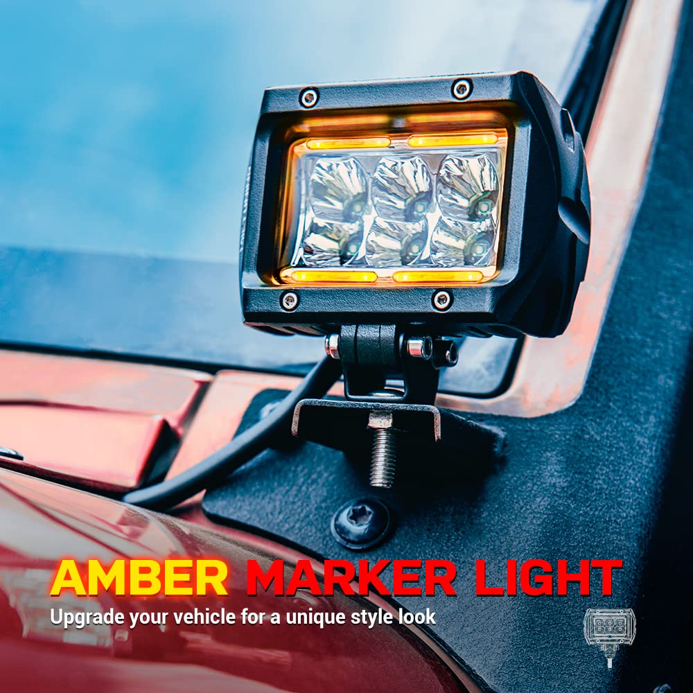 K1 LED Spot Flood Off Road LED Work Light 1620lm with Amber Marker Light 2Pcs 4 Inch 18W