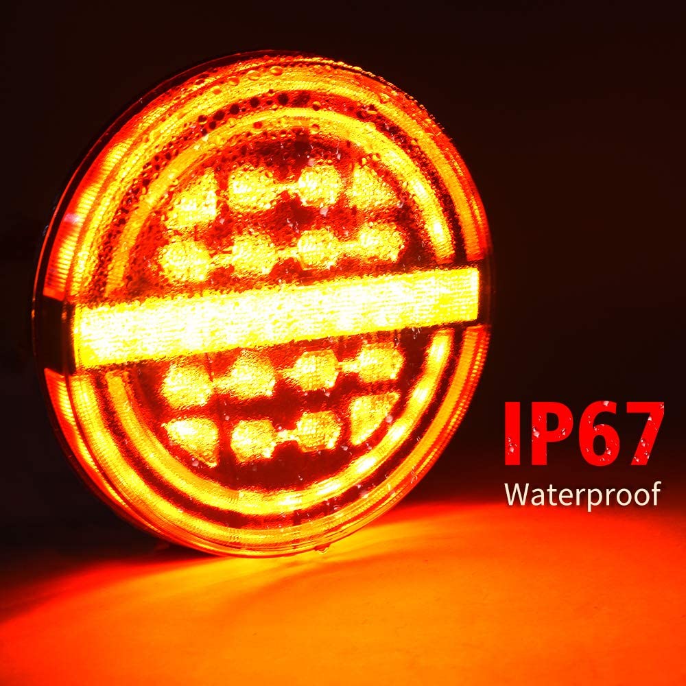 2Pcs Round Red/Amber Submersible LED Trailer Tail Lights Kit Brake Light/DRL/Flow Turn Signal Lamp for Under 80''