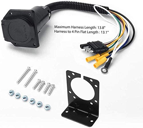 4-Way Flat to 7-Way Round RV Blade Trailer Adapter Plug with Mounting Bracket