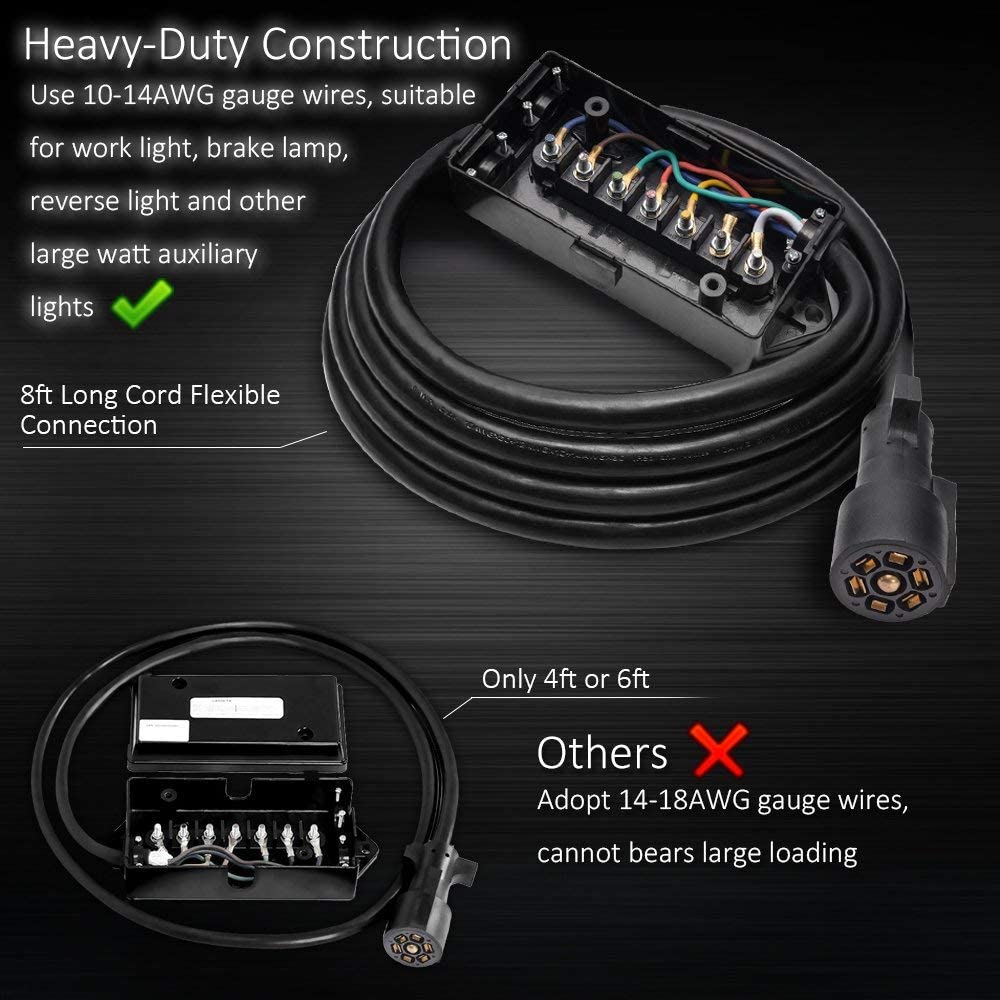 Heavy Duty 7 Way Plug Inline Trailer Cord with 7 Gang Junction Box - 8 Feet, Weatherproof
