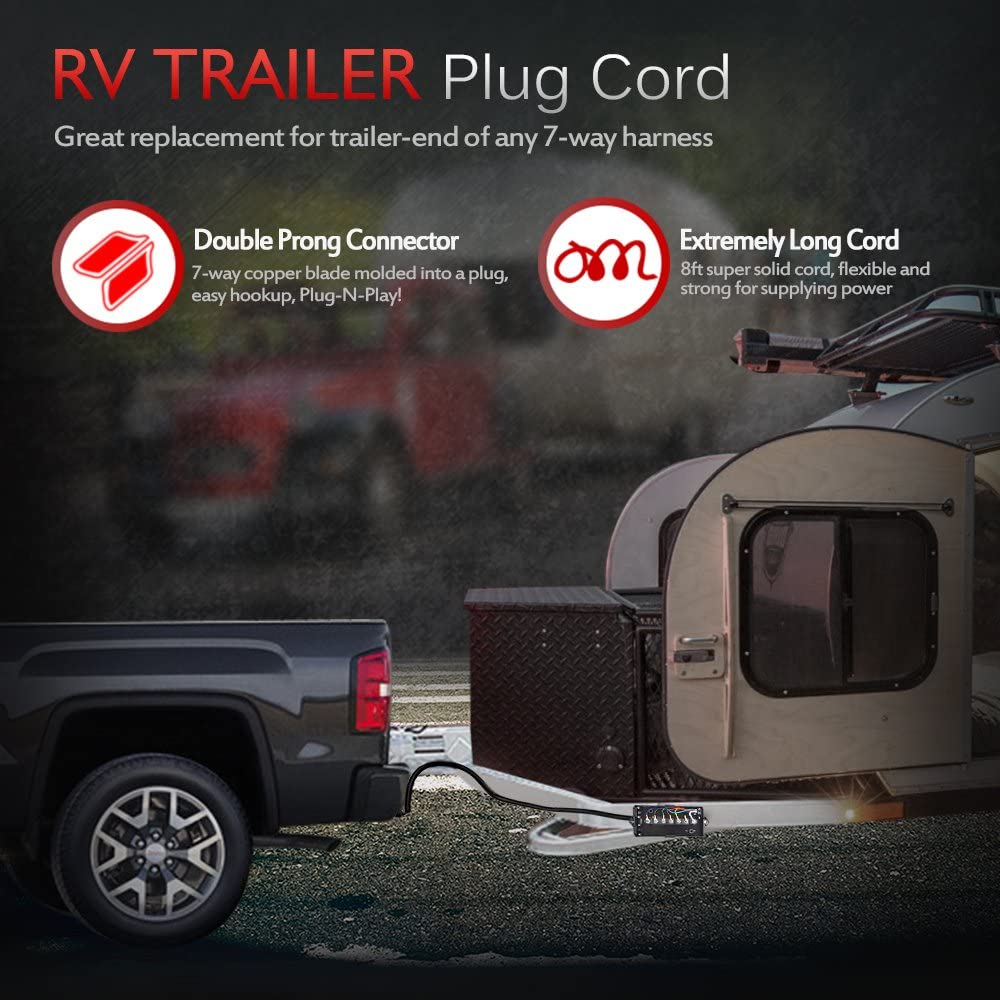 8/12/16 Feet Heavy Duty 7 Way Plug Inline Trailer Cord with Double Prongs Connector, Weatherproof