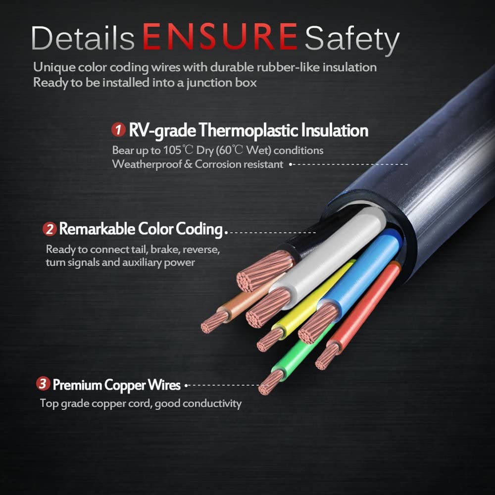 8/12/16 Feet Heavy Duty 7 Way Plug Inline Trailer Cord with Double Prongs Connector, Weatherproof