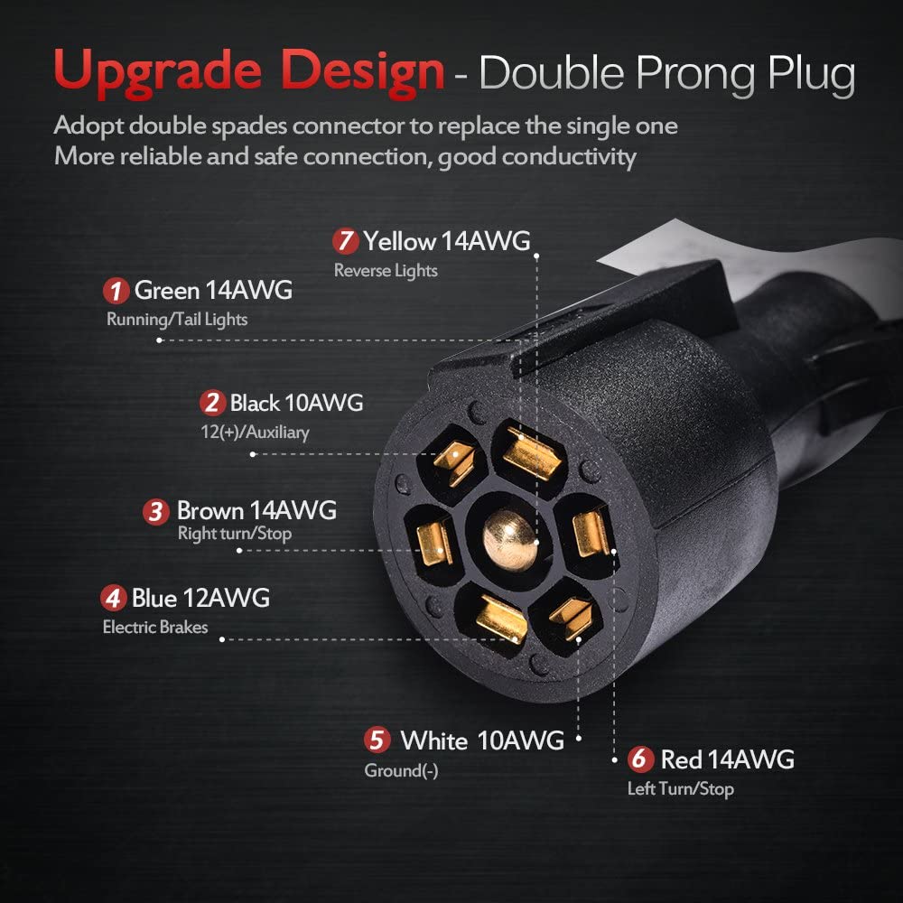 8/12/16 Feet Heavy Duty 7 Way Plug Inline Trailer Cord with Double Prongs Connector, Weatherproof
