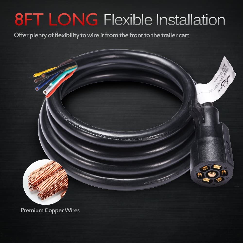 8/12/16 Feet Heavy Duty 7 Way Plug Inline Trailer Cord with Double Prongs Connector, Weatherproof