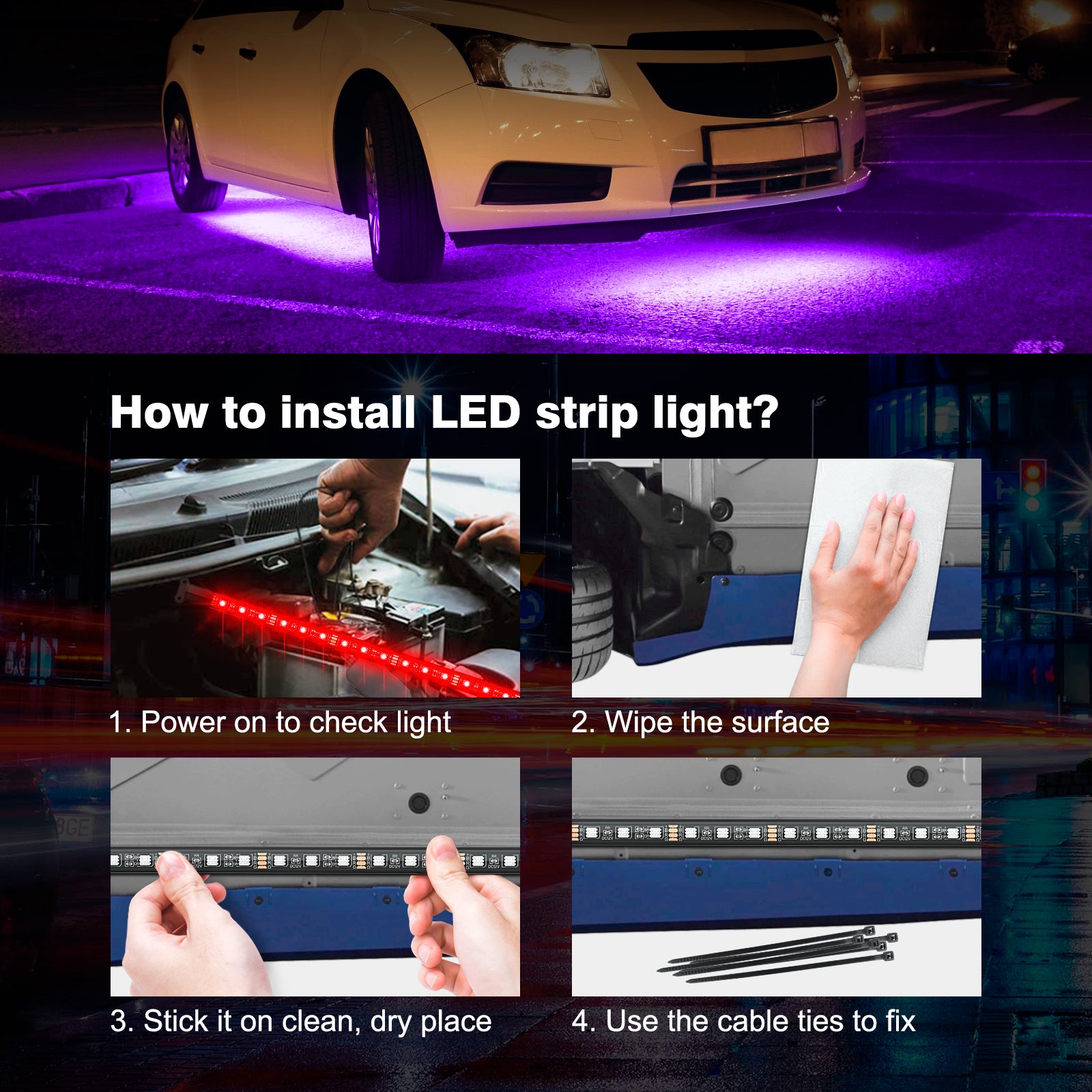 12V Car Underglow Lights, Neon Accent Lights Strip Undercar Glow Light Underbody Light, IP68 Exterior