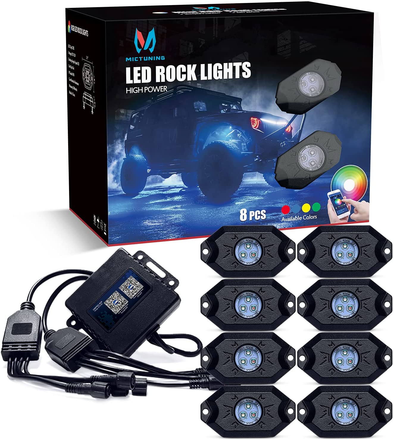 MICTUNING 2nd-Gen RGB Rock Lights 8 Pods Multicolor underglow Neon LED Light Kit