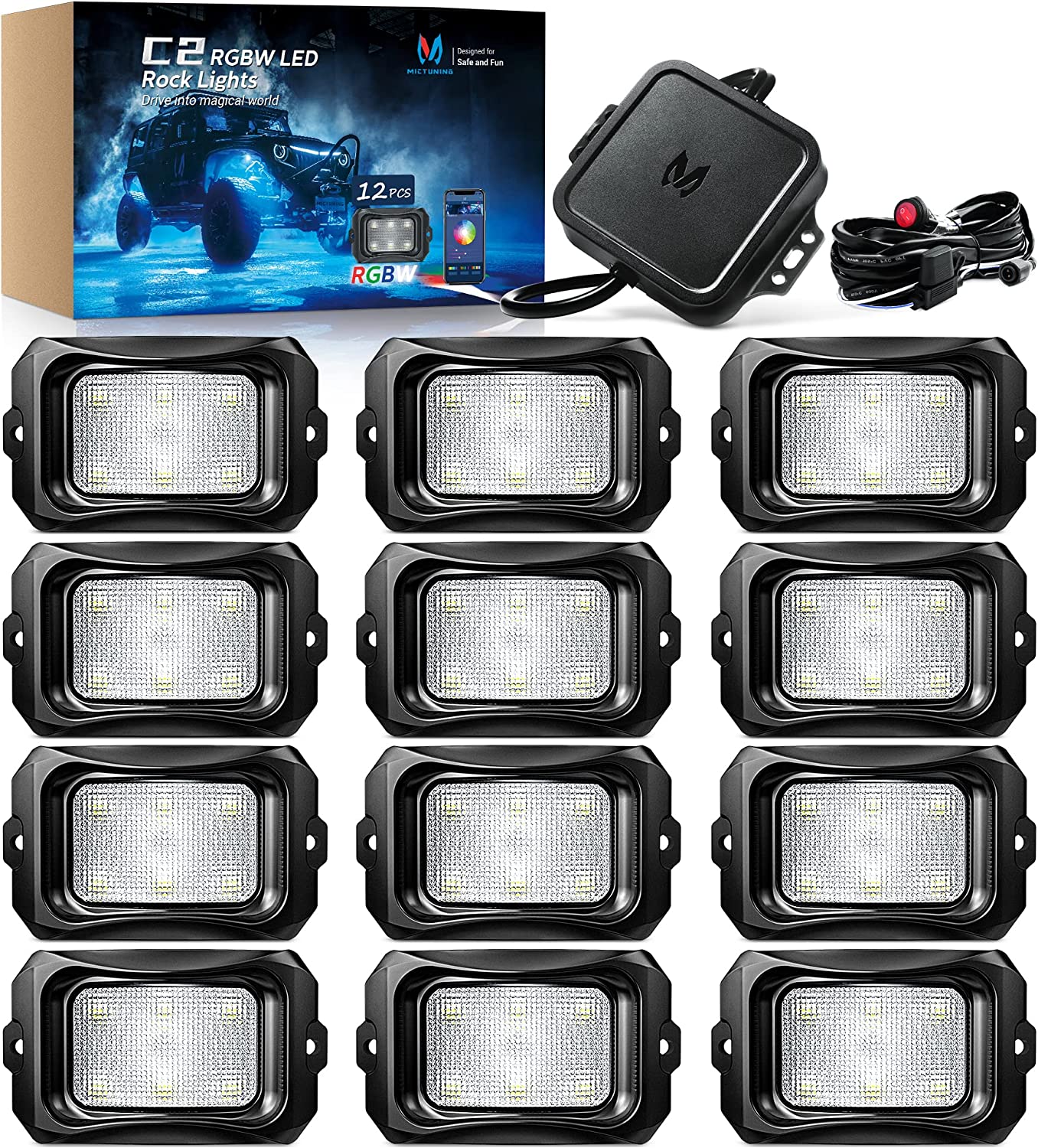 C2 12 Pods Curved RGBW LED Rock Lights with 3 Inch 18W S1 RGBW LED Pods Light
