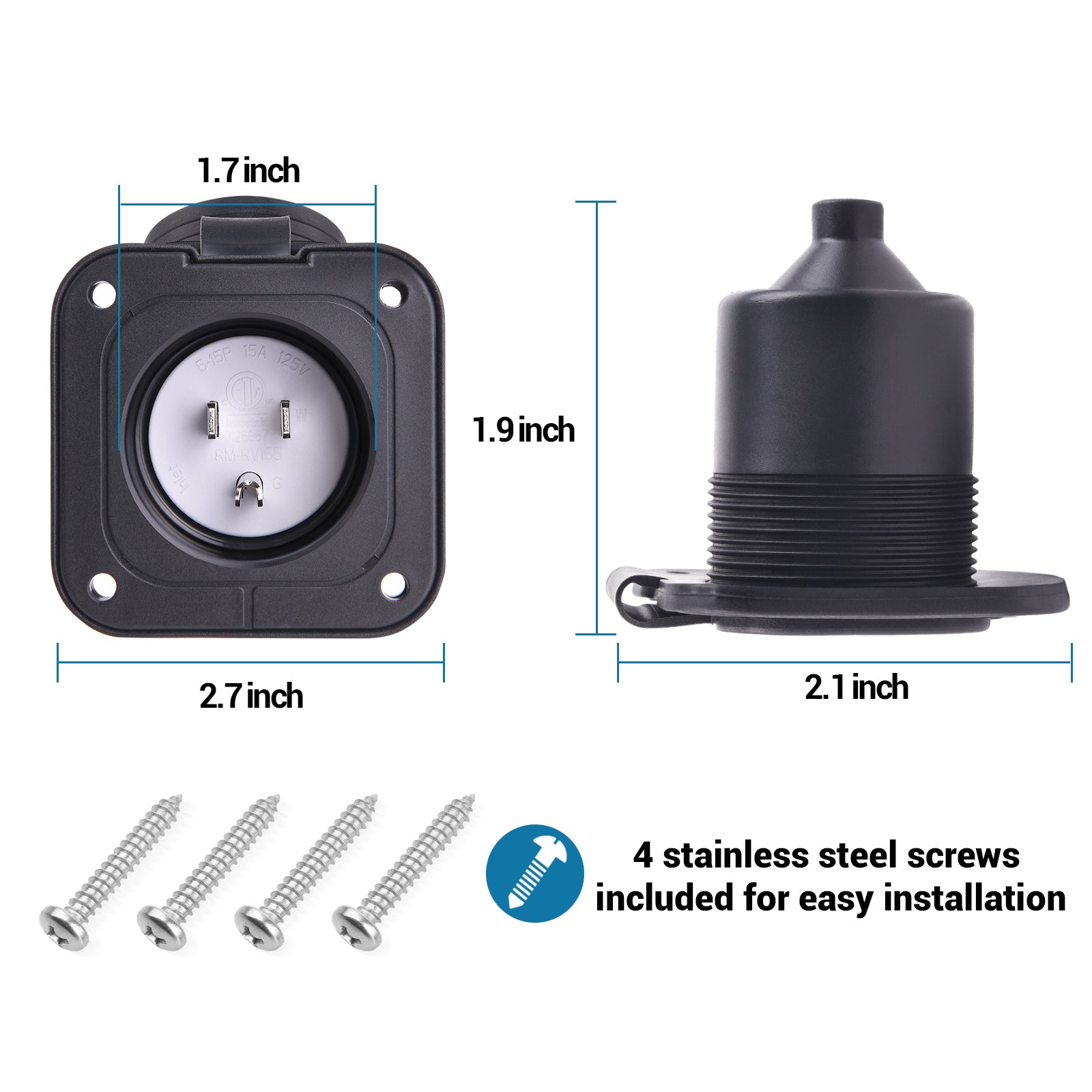 15 Amp 125V Flanged Inlet, NEMA 5-15P 2 Pole 3-Wire AC Port Plug, RV Shore Power Inlet Plug w/ Waterproof Cover