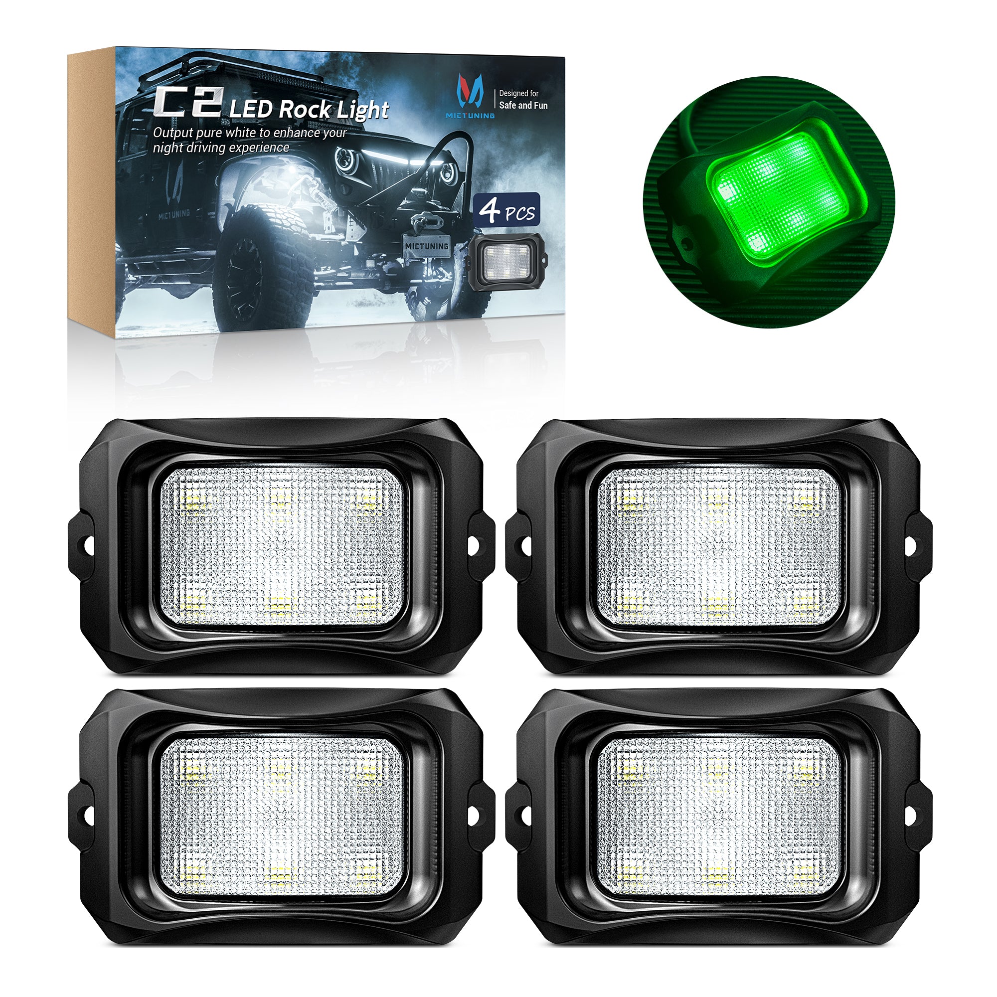 C2 Green LED Rock Lights, 4 Pods Neon Underglow Light Kits Waterproof Underbody Glow Lamp