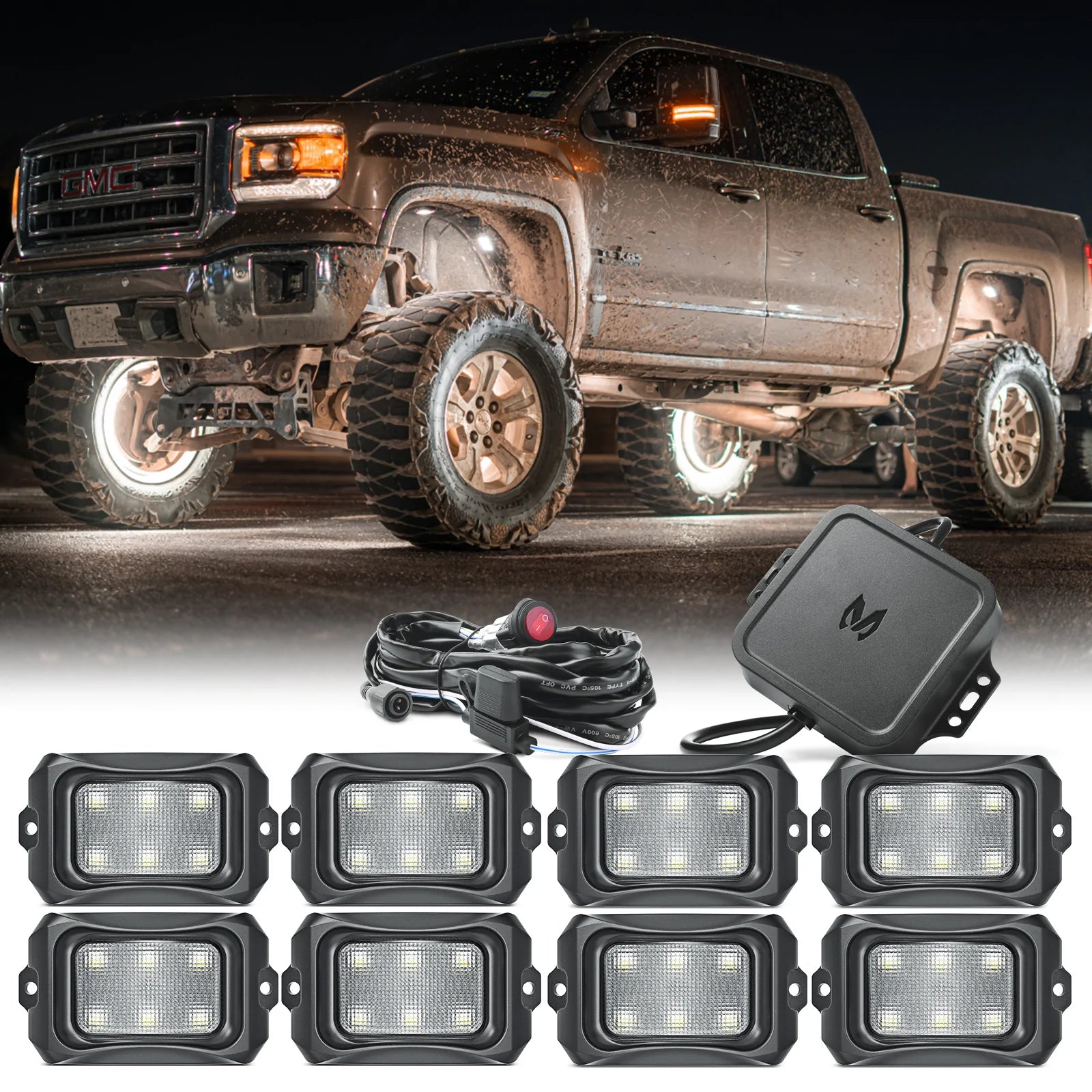 C2 8 Pods Curved RGBW Rock Lights Kit Plus with 15.5″/17.5″ RGBW LED Wheel Ring Lighting Kit with APP Control