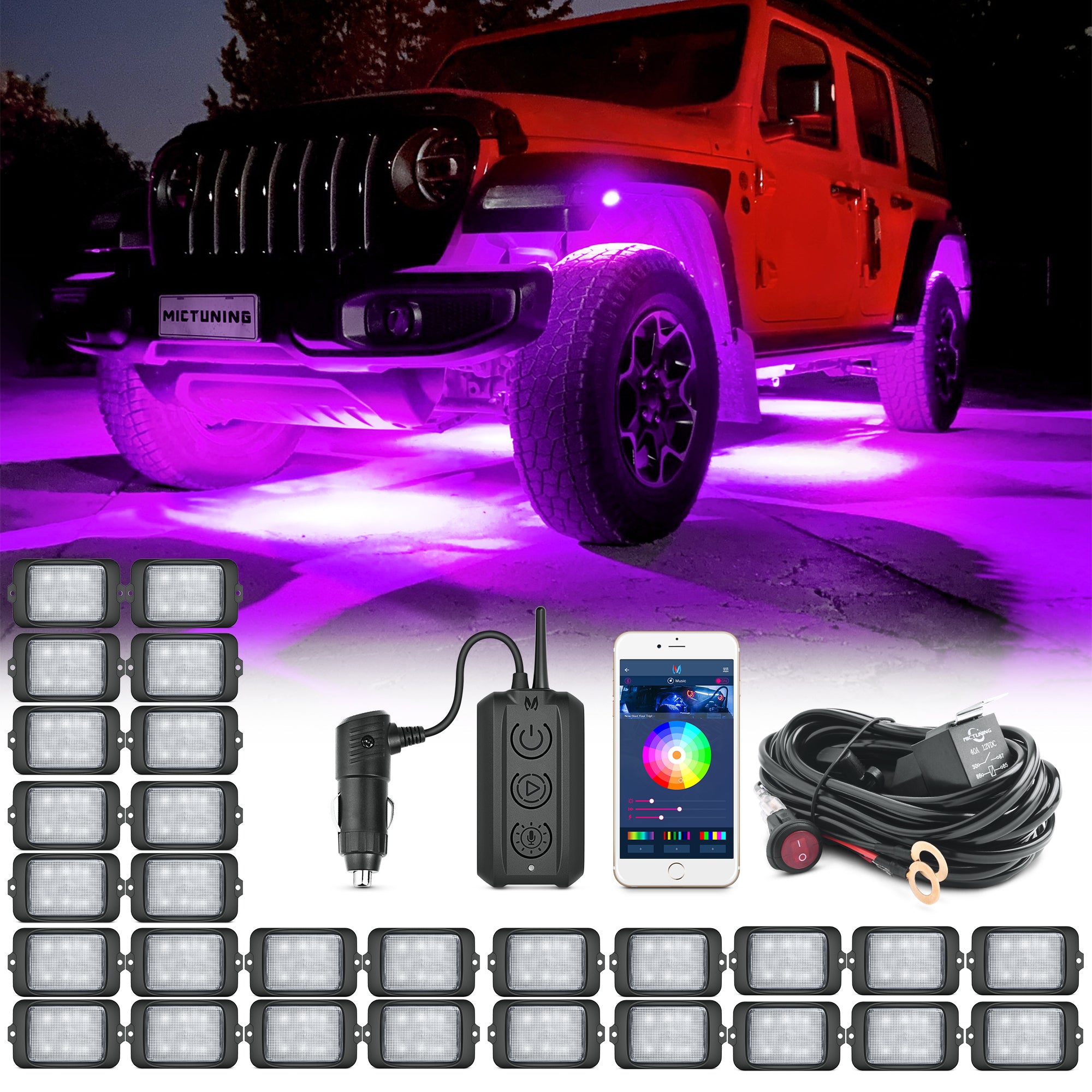 C3 Extensible RGBW LED Rock Lights - 28 Pods Wireless Control Multi-Color Neon Underglow Lights