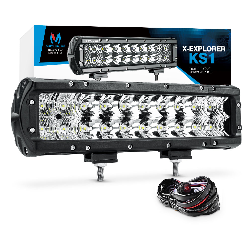 MICTUNING X-Explorer KS1 LED Light Bar - 12 Inch 60W Off Road Driving Light Combo Work Light with Wiring Harness| Bottom Brackets, only sell for US