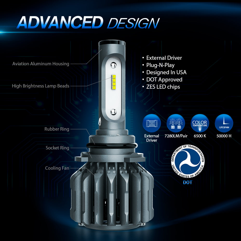 L2 9006 LED Headlight Bulbs 6500K 70W 7280LM External Driver Headlamp