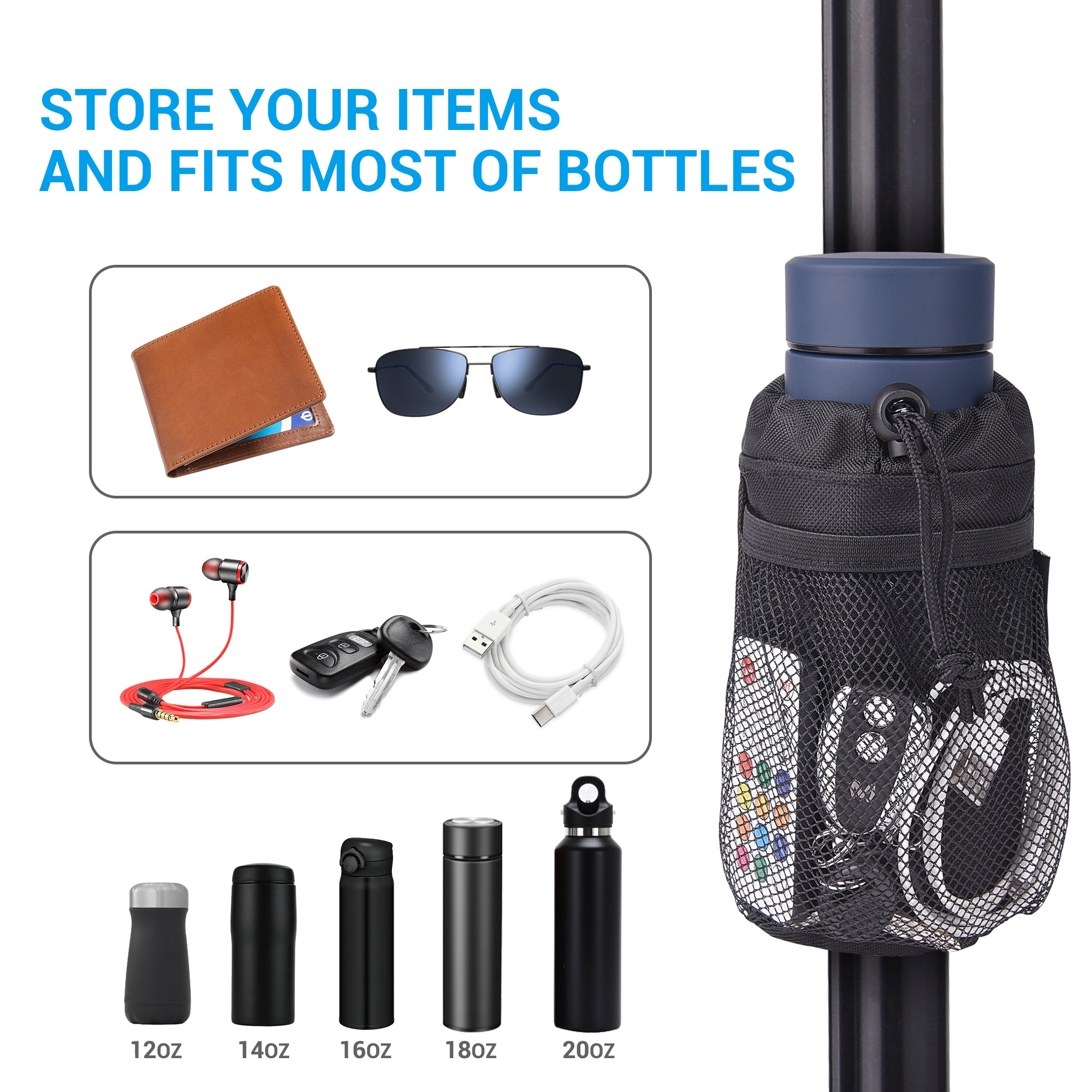UTV Roll Bar Cup Holder, Bottle Holder with Thermal Insulation Layer, Mesh Pocket and Adjustable Straps