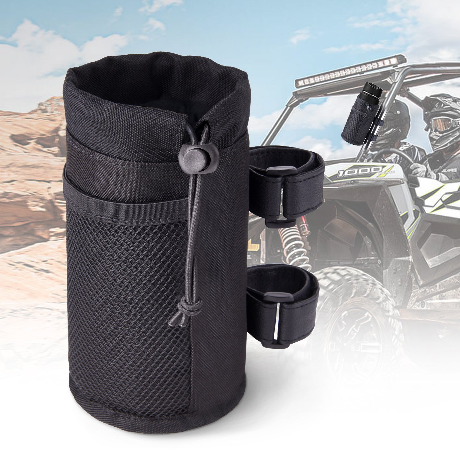 MICTUNING UTV Roll Bar Cup Holder with Net Pocket and Drawstring Closure
