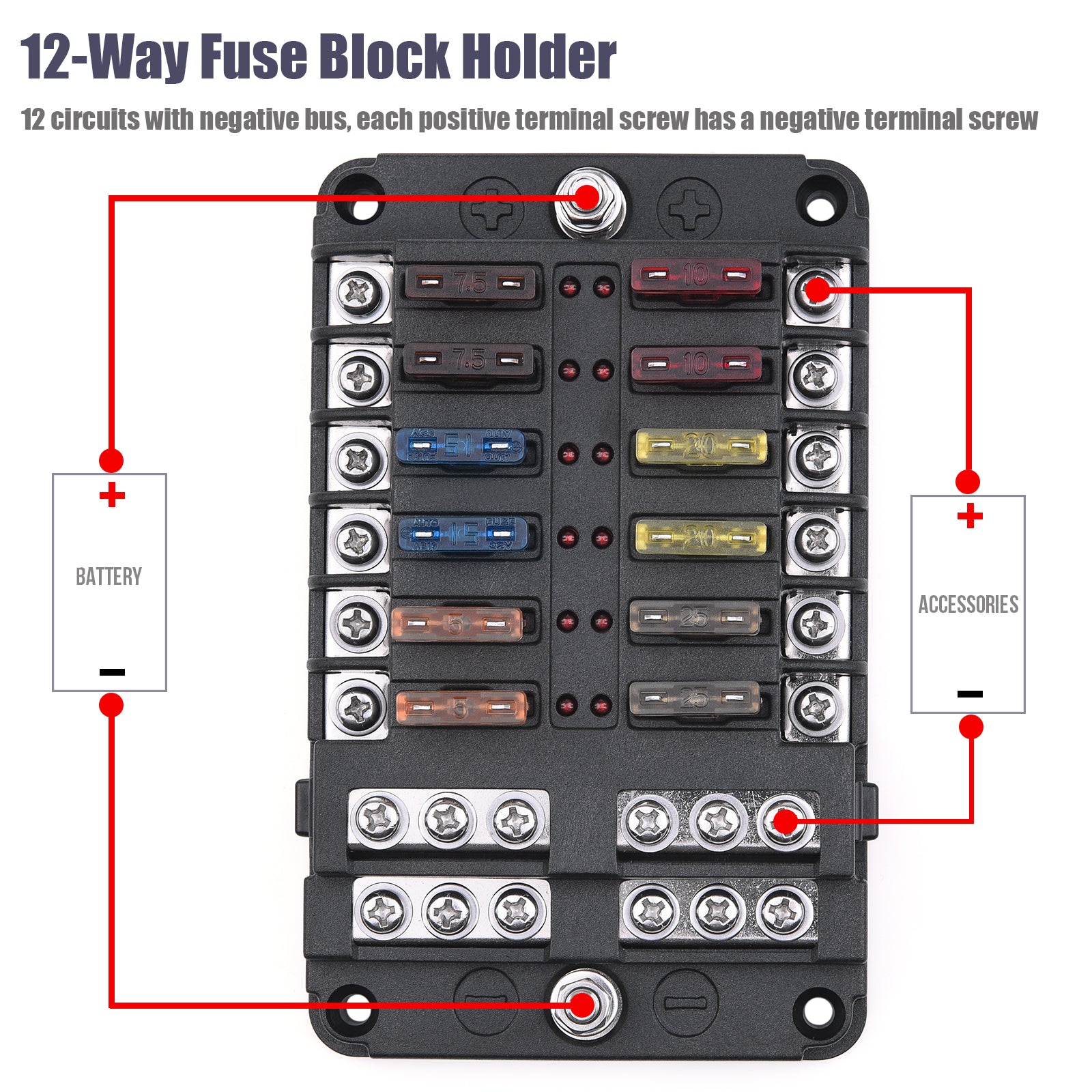 12-Way Fuse Block Holder - Blade Fuse Box Screw Nut Terminal LED Indicator, Sticker Labels