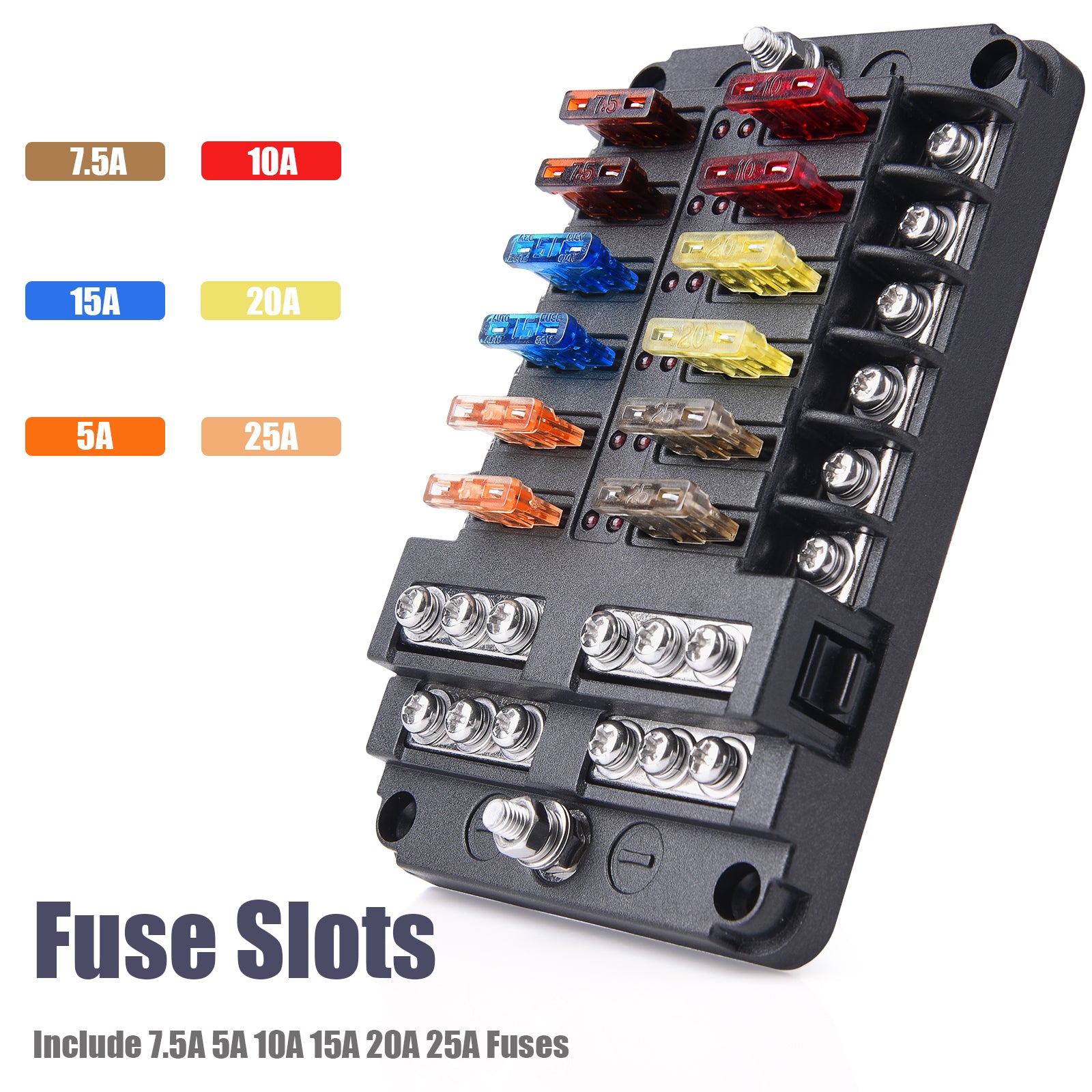 12-Way Fuse Block Holder - Blade Fuse Box Screw Nut Terminal LED Indicator, Sticker Labels