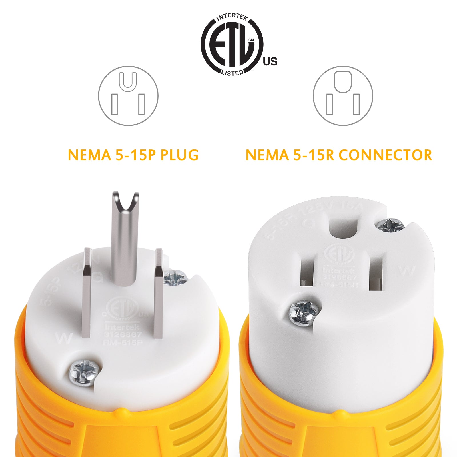Extension Cord Ends Male and Female Replacement Plug & Connector Set, 15 Amp 125 Volt Heavy Duty Straight Blade Electrical Plug Grounding