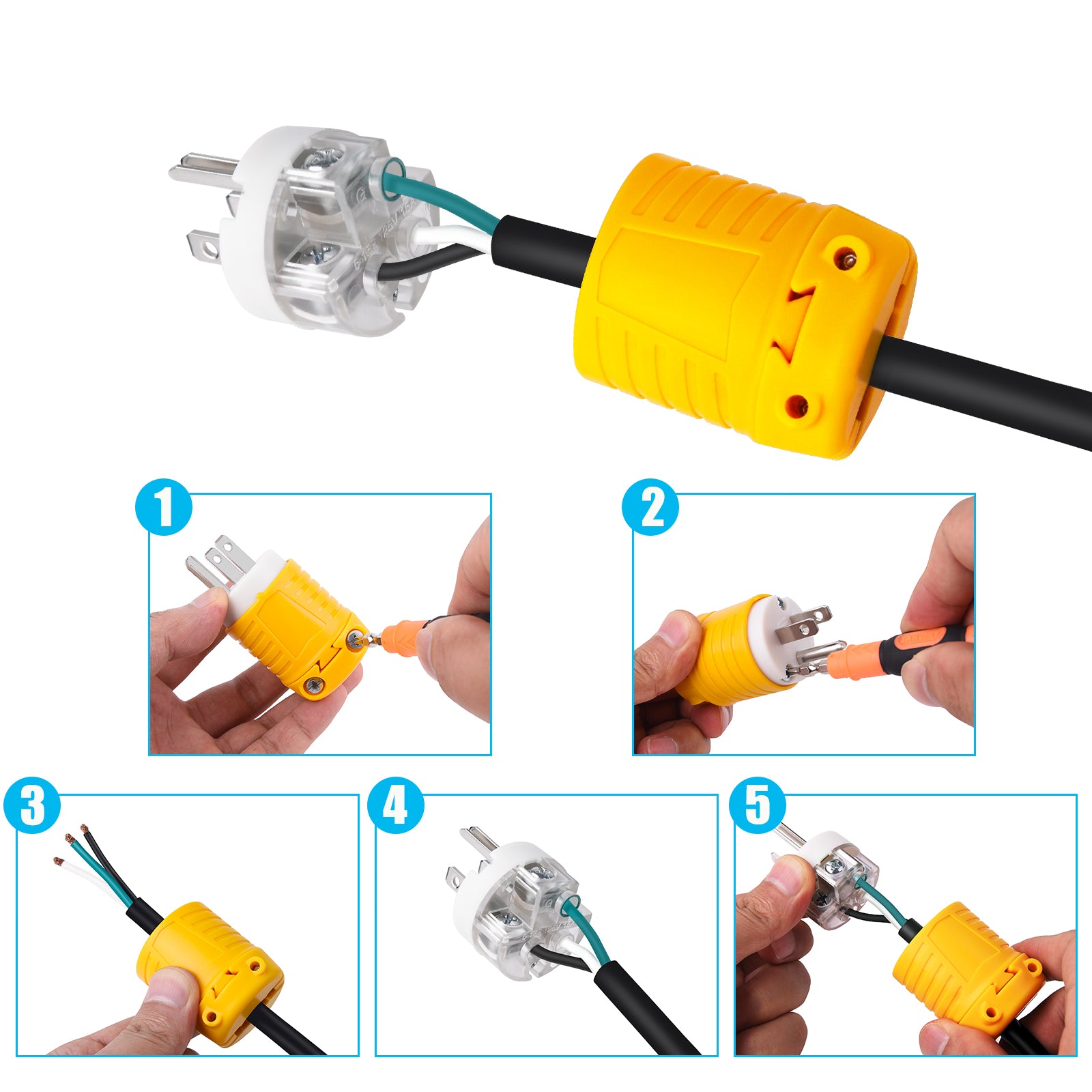 Extension Cord Ends Male and Female Replacement Plug & Connector Set, 15 Amp 125 Volt Heavy Duty Straight Blade Electrical Plug Grounding