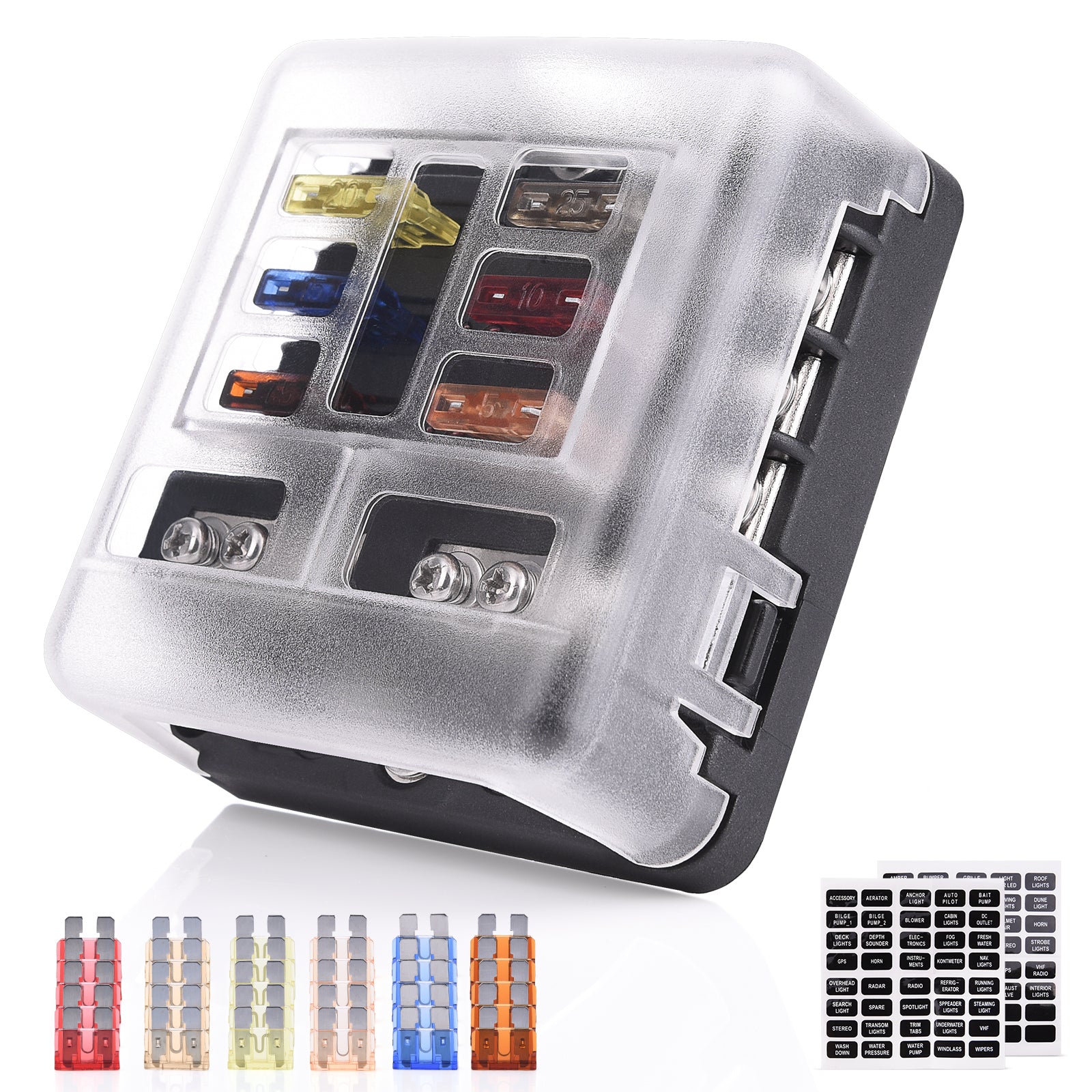 6-Way Fuse Block Holder - Blade Fuse Box Screw Nut Terminal with Negative Bus, 7.5A 5A 10A 15A 20A 25A Fuses, LED Indicator, Sticker Labels