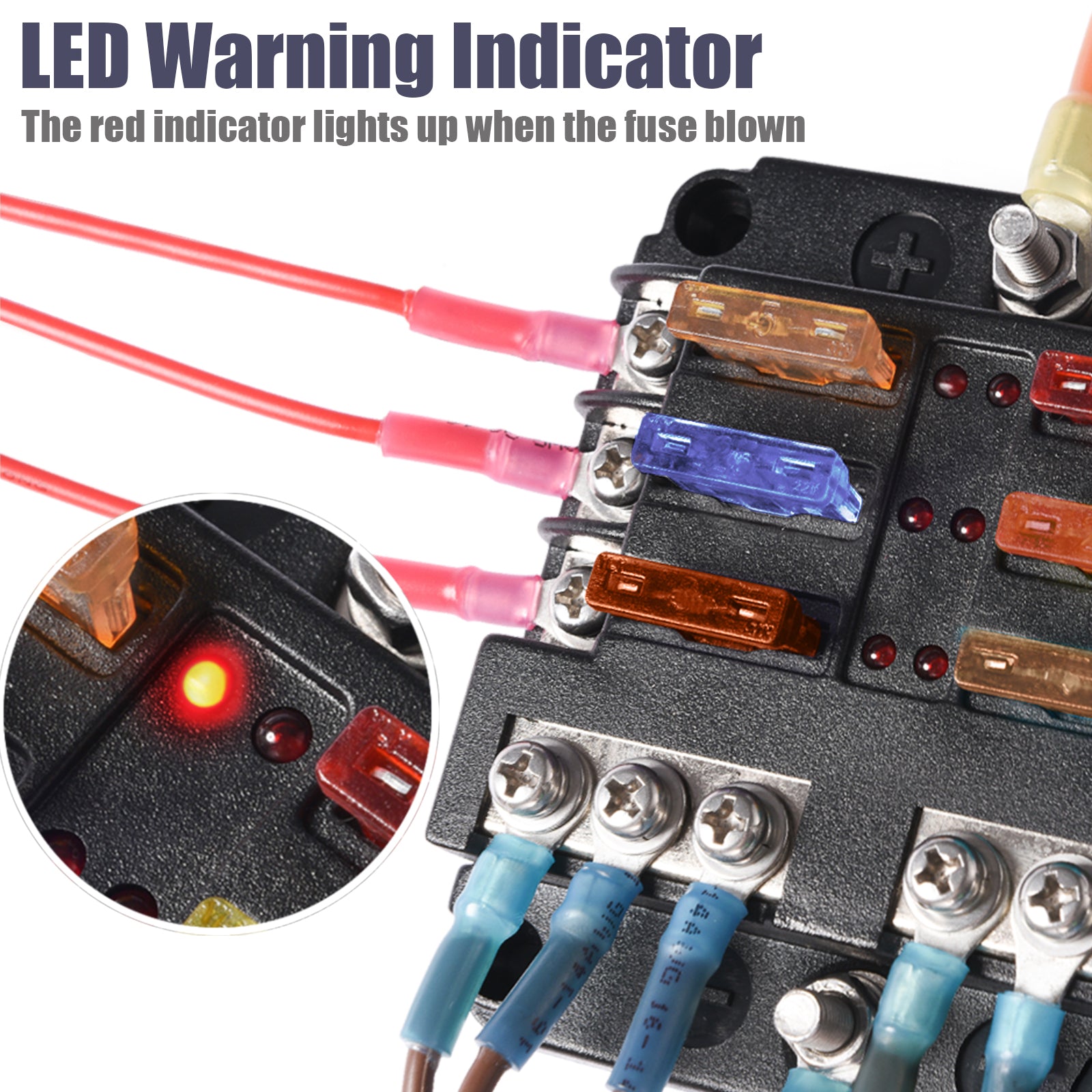 6-Way Fuse Block Holder - Blade Fuse Box Screw Nut Terminal with Negative Bus, 7.5A 5A 10A 15A 20A 25A Fuses, LED Indicator, Sticker Labels