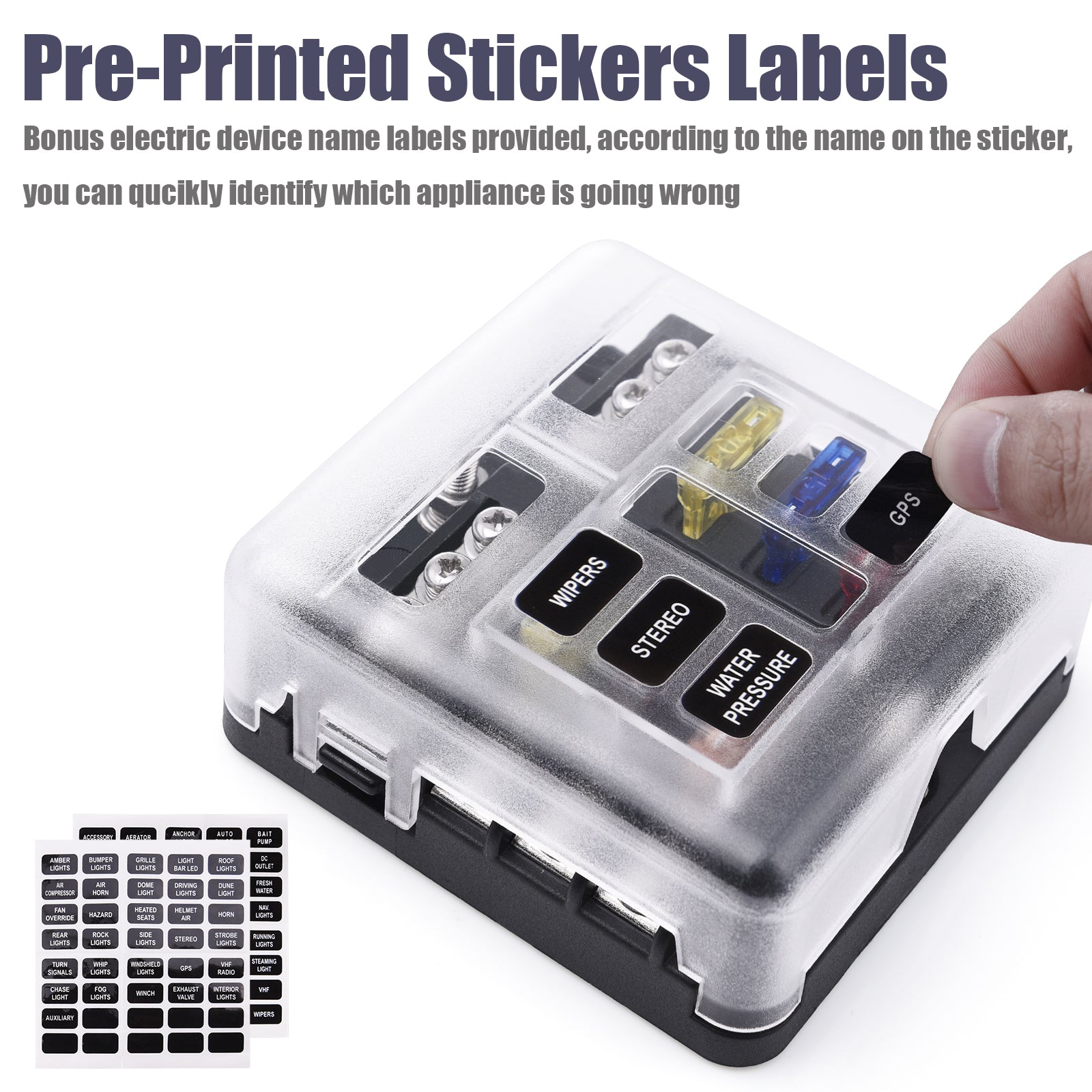 6-Way Fuse Block Holder - Blade Fuse Box Screw Nut Terminal with Negative Bus, 7.5A 5A 10A 15A 20A 25A Fuses, LED Indicator, Sticker Labels