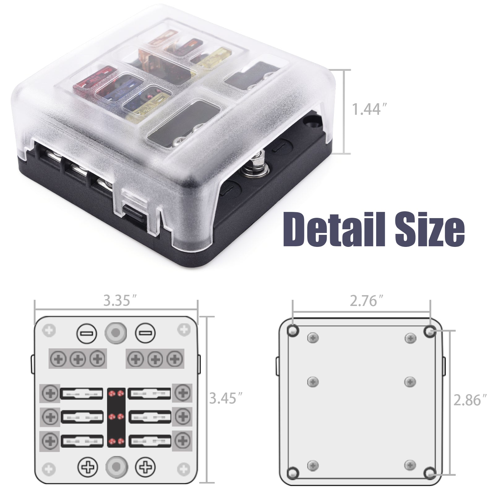 6-Way Fuse Block Holder - Blade Fuse Box Screw Nut Terminal with Negative Bus, 7.5A 5A 10A 15A 20A 25A Fuses, LED Indicator, Sticker Labels