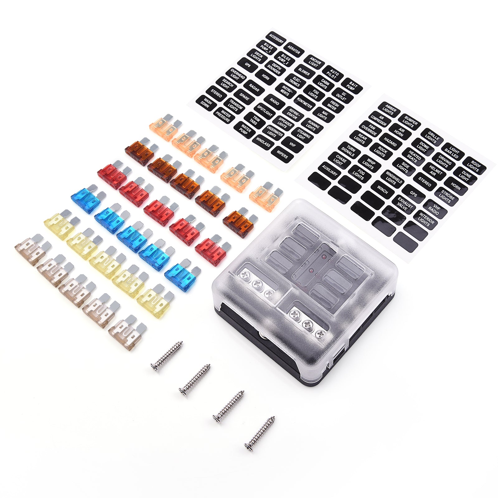 6-Way Fuse Block Holder - Blade Fuse Box Screw Nut Terminal with Negative Bus, 7.5A 5A 10A 15A 20A 25A Fuses, LED Indicator, Sticker Labels