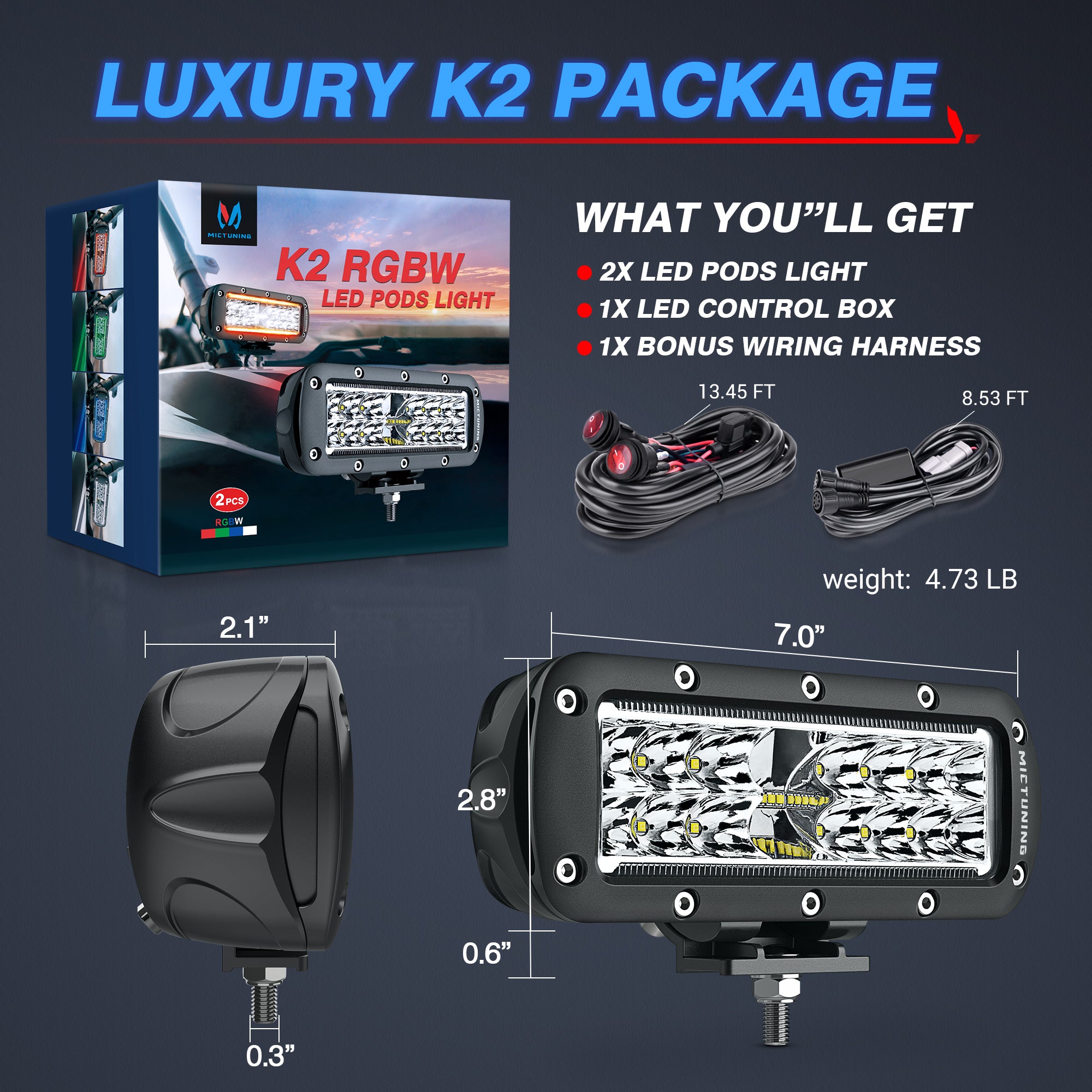 K2 RGBW LED Pods Light - 7 Inch 30W Off Road Combo Driving Lights with APP Control