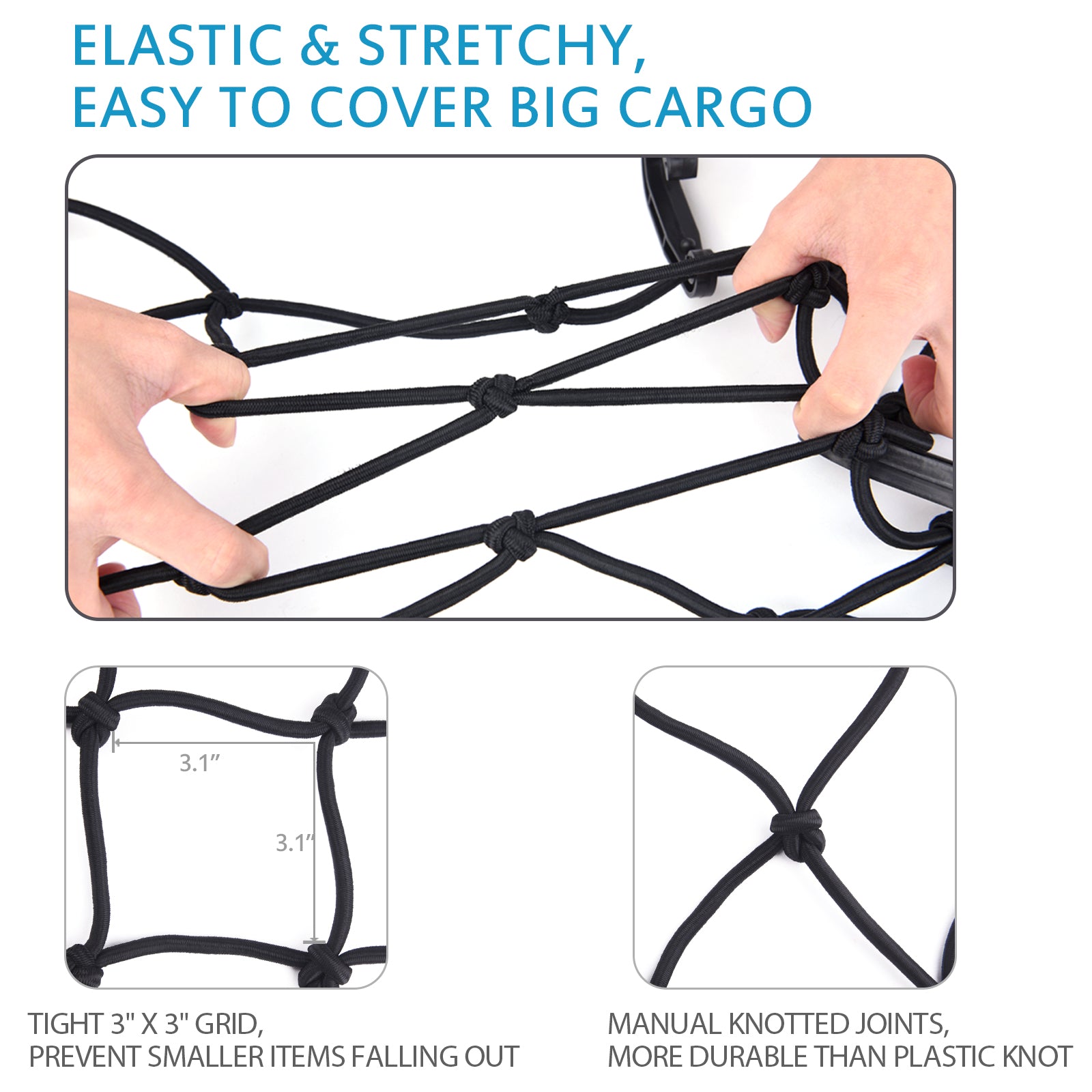 Mesh Cargo Nets 47" x 36", 6mm Heavy Duty Bungee Cord Net Stretches to 70" x 54" with 14pcs ABS Hooks 4pcs D Shape