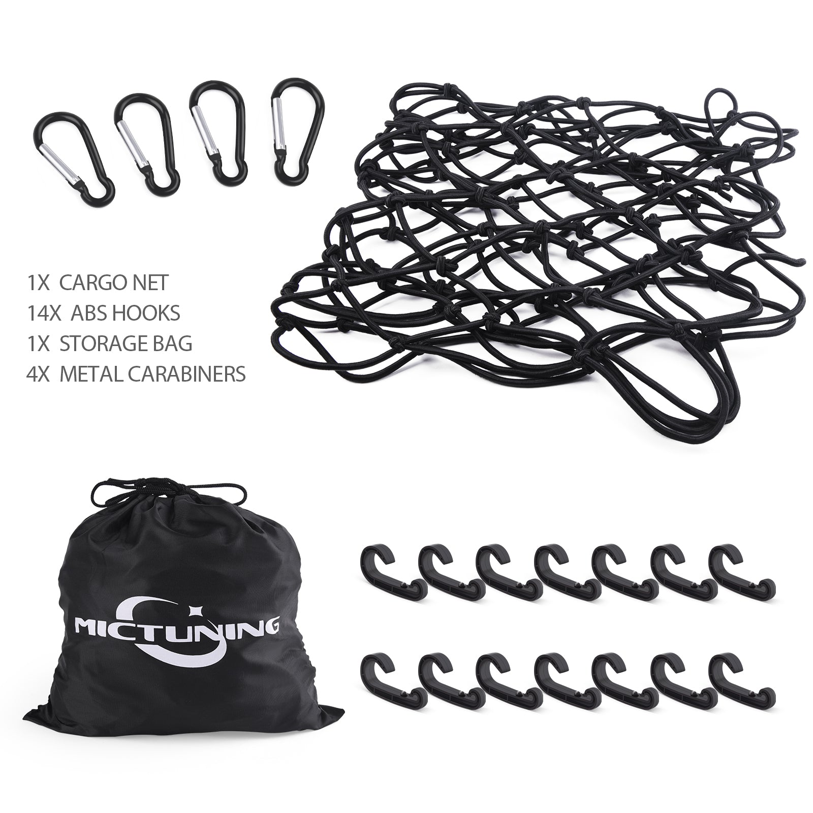 Mesh Cargo Nets 47" x 36", 6mm Heavy Duty Bungee Cord Net Stretches to 70" x 54" with 14pcs ABS Hooks 4pcs D Shape