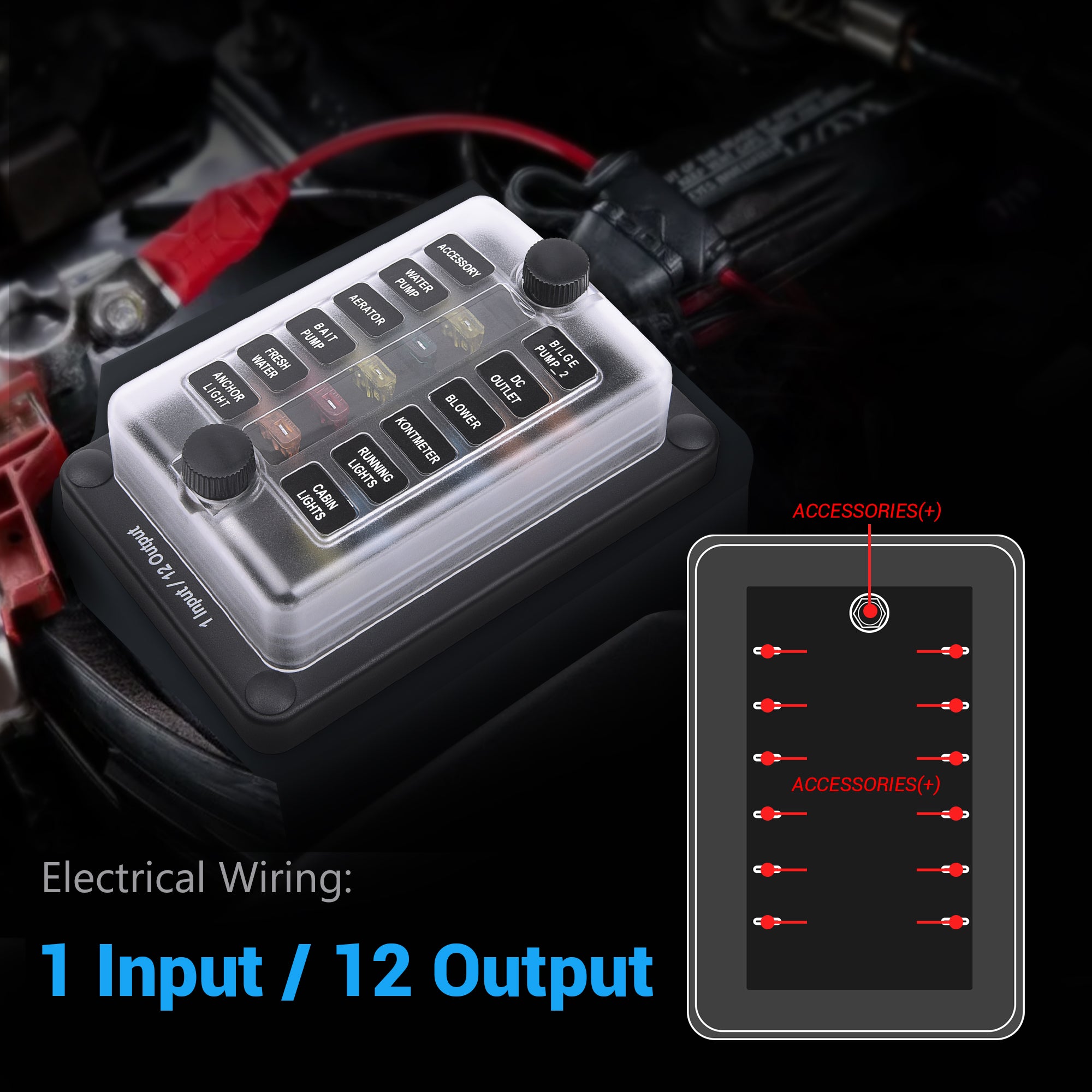 Fuse Block Holder 6/12 Circuit Blade Fuse Box with Waterproof Protection Cover Sticker Labels LED Indicator