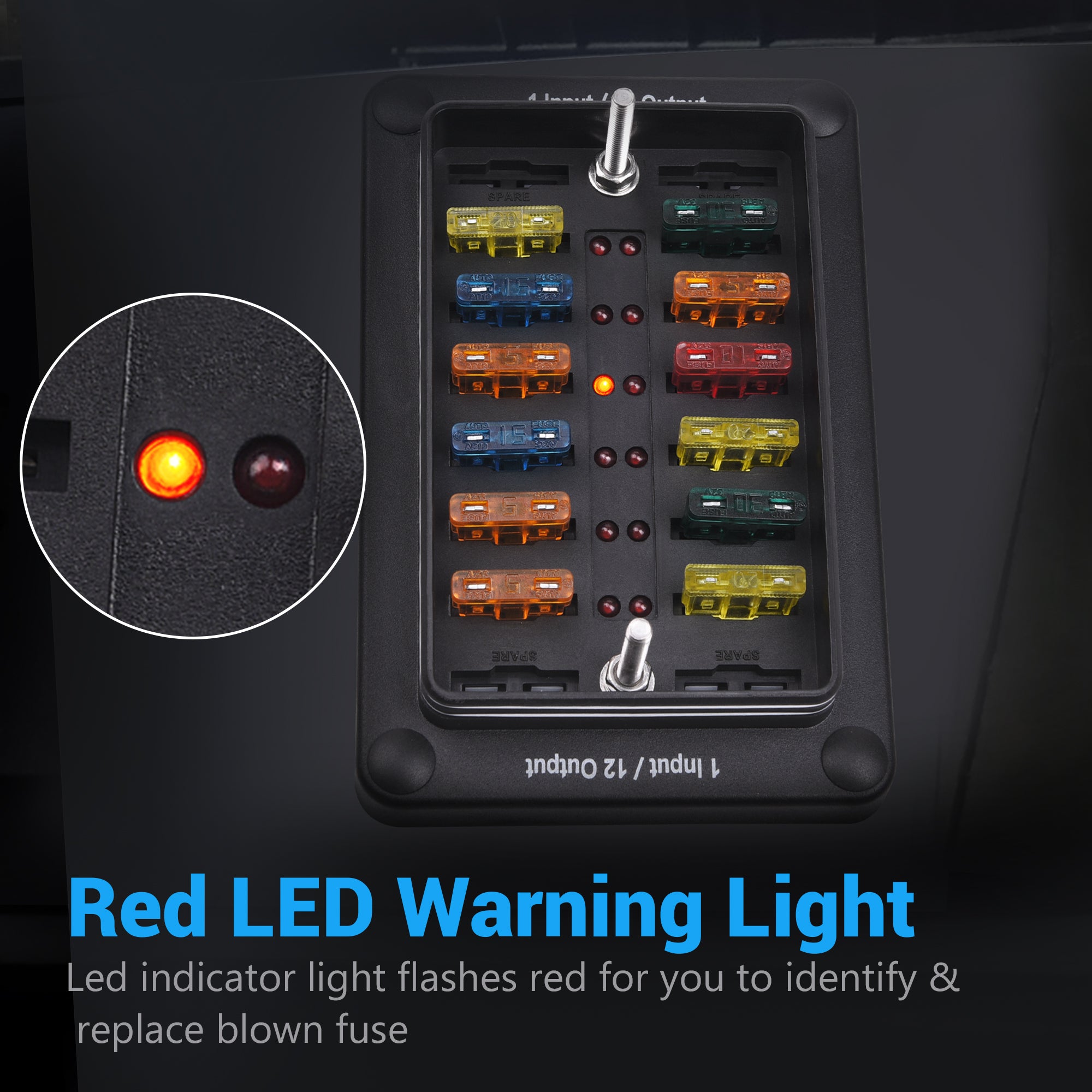 Fuse Block Holder 6/12 Circuit Blade Fuse Box with Waterproof Protection Cover Sticker Labels LED Indicator