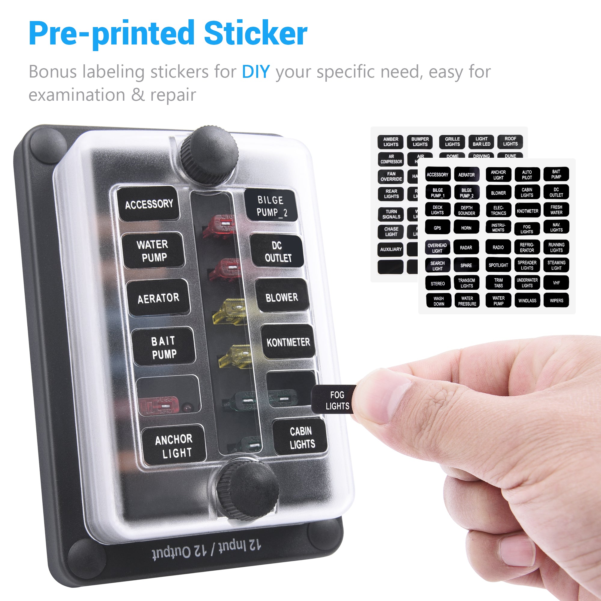Fuse Block Holder 6/12 Circuit Blade Fuse Box with Waterproof Protection Cover Sticker Labels LED Indicator
