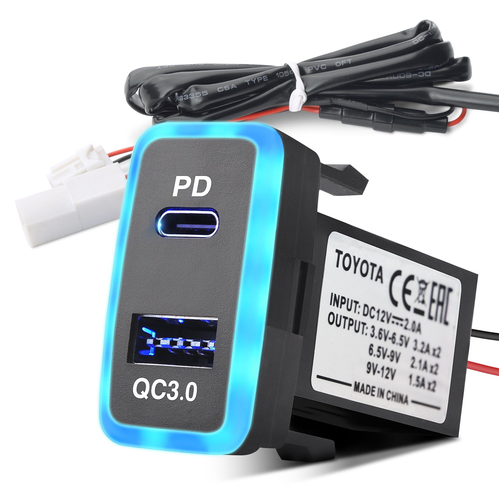 12V/24V USB C Car Charger for Toyota, Dual USB Ports QC3.0 & PD Type C Car Power Socket