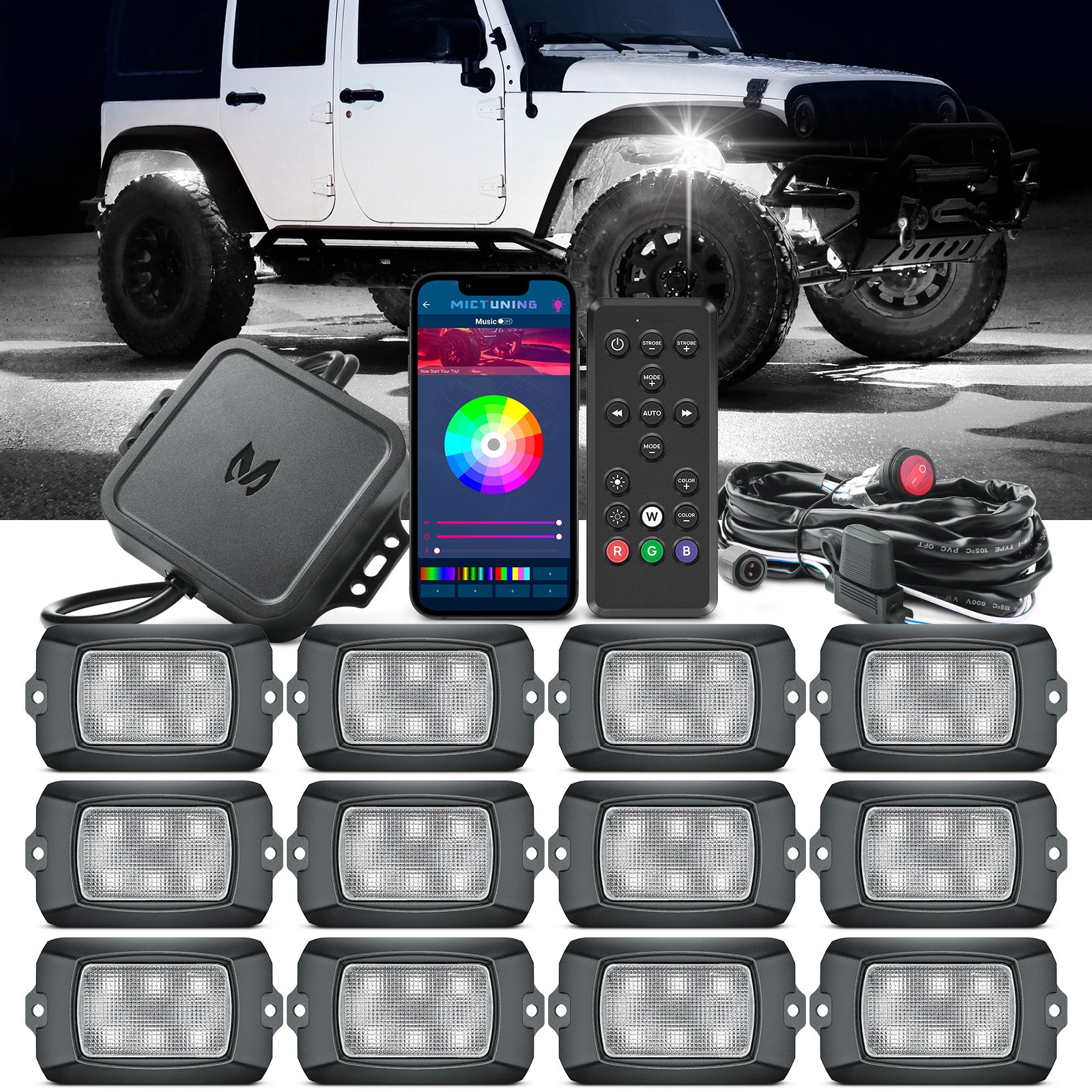 Q1 RGBW LED Rock Lights - 4-16 Pods Neon LED Light Kit, APP + Remote Control