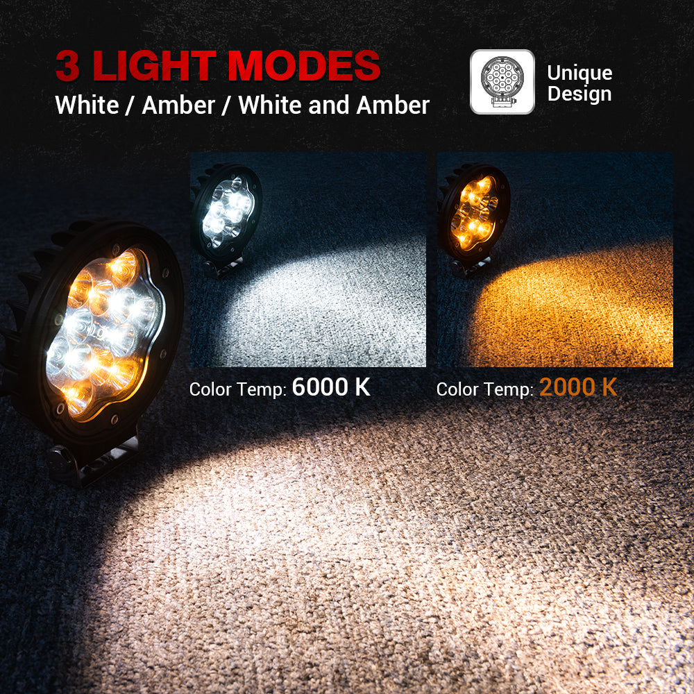 WR1 2Pcs 4.7 Inch 30W Round Driving Lights, 2918lm LED Light Pods Off Road Fog Lights - Amber Marker Light