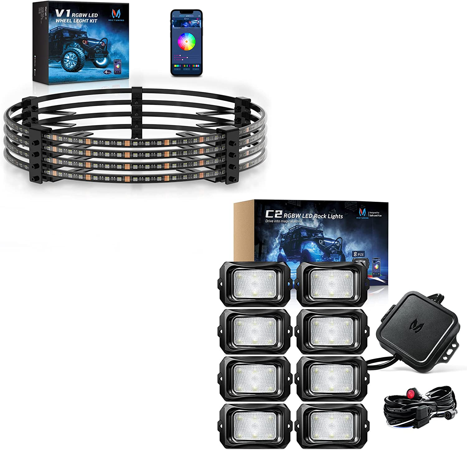 MICTUNING C2 8 Pods RGBW Rock Lights Kit with LED Wheel Ring Lighting Kit  15.5''/17.5'' with APP Control