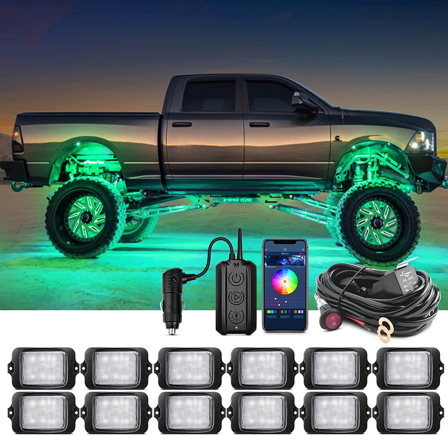 C3 Extensible RGBW LED Rock Lights - 12 Pods Wireless Control Multi-Color Neon Underglow Lights