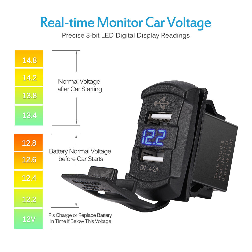 Universal Rocker Dual USB Car Charger Blue Digital Display Voltmeter