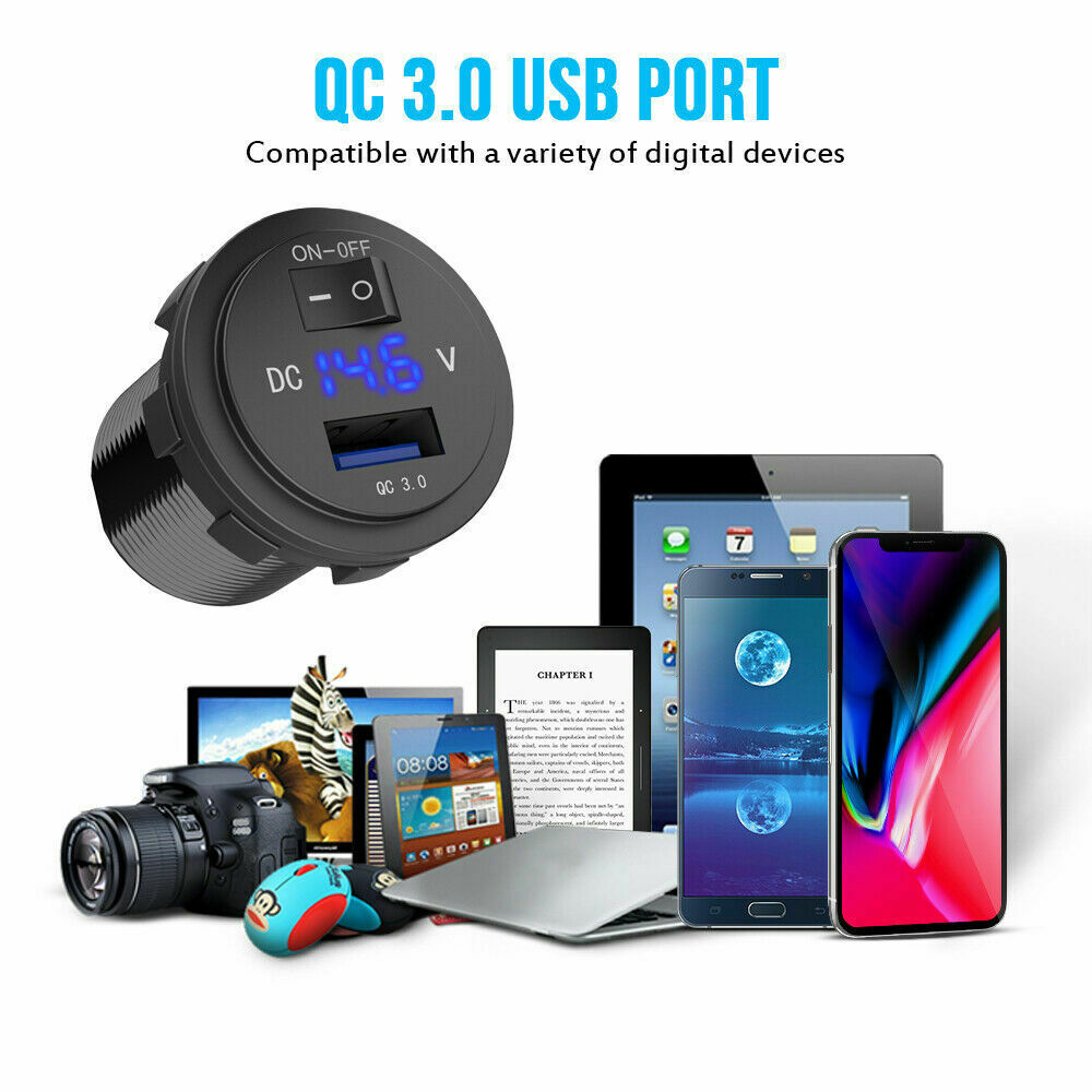 QC3.0 USB Fast Car Charger +Digital Voltmeter Switch for iPhone 13 12