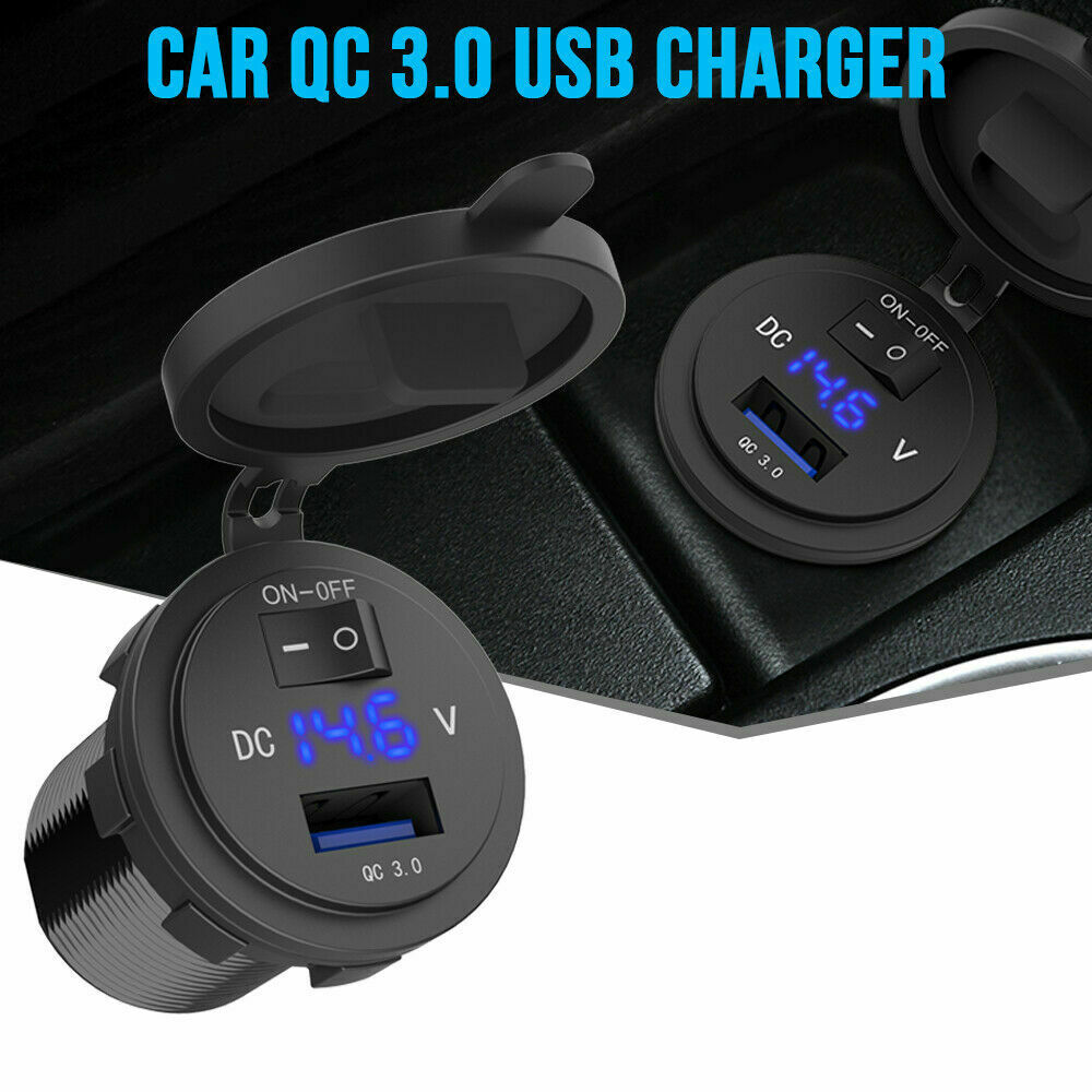 QC3.0 USB Fast Car Charger +Digital Voltmeter Switch for iPhone 13 12 Tablet GPS