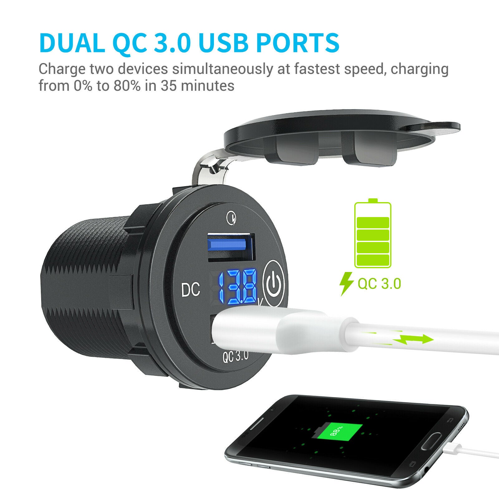 QC 3.0 Dual USB Charger Socket Touch Switch Voltmeter Upgraded 12V/24V