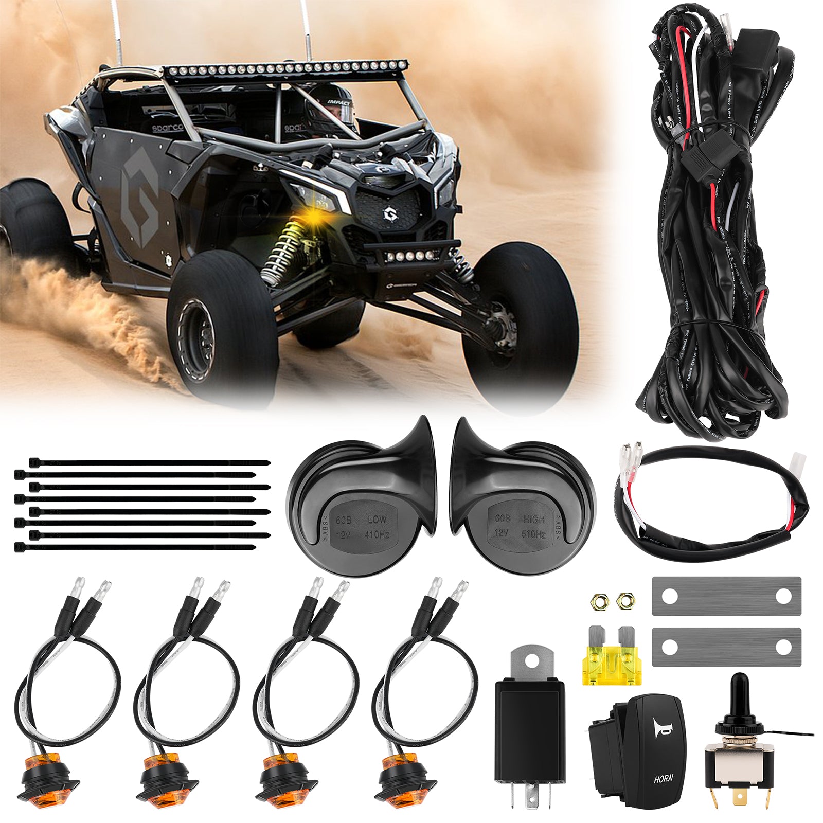 UTV/ATV Turn Signal Horn Kit, Amber Light Universal Street Legal With Toggle Switch Relay Wire Harness Compatible With Pioneer, RZR, Can-Am, Kawasaki
