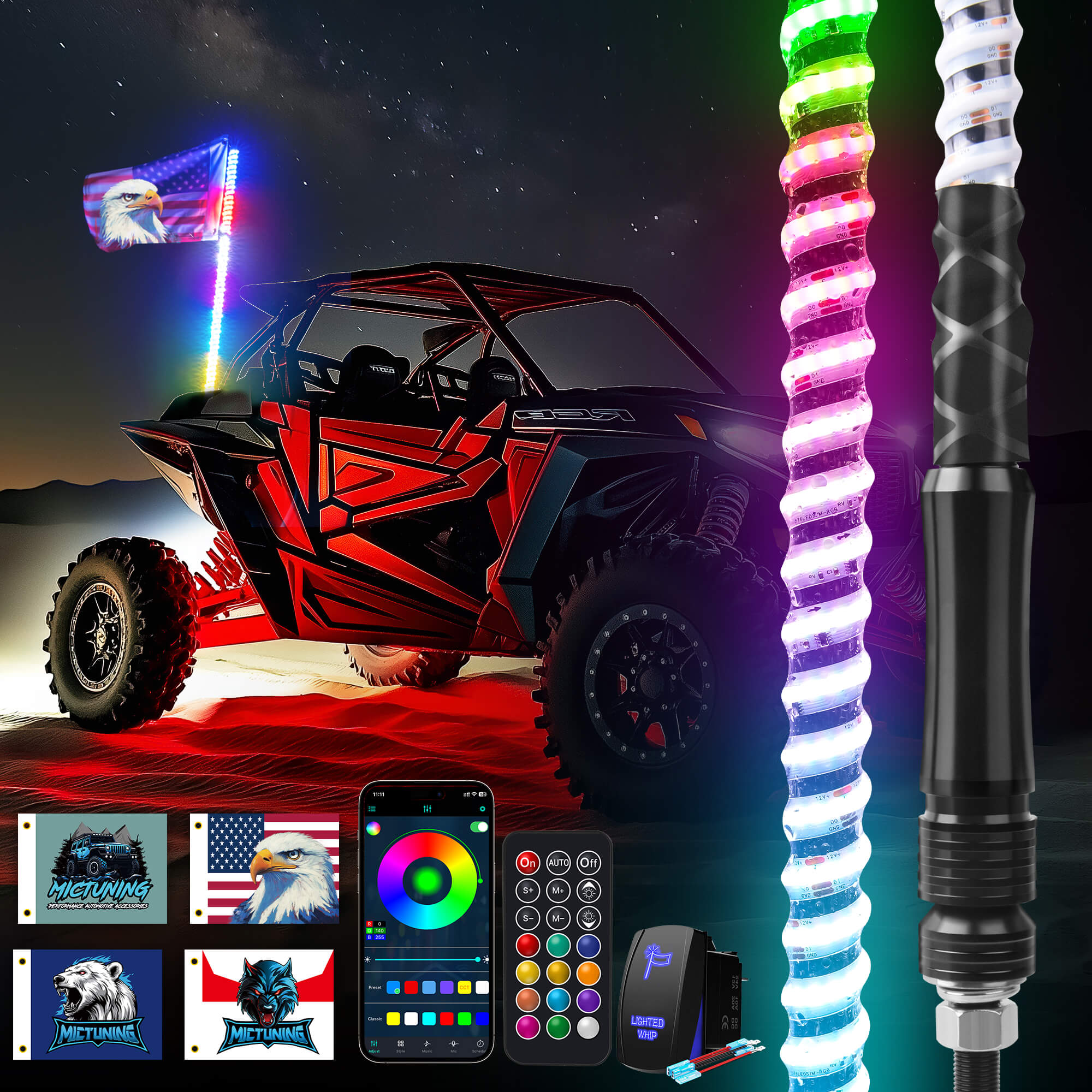 3FT/4FT COB LED Whip Lights,  RGB+IC Chasing Colors w/ APP+Remote Control, Rocker Switch & 8 Flags, Brake/Turn Signal/Reverse, 1pc/2pcs