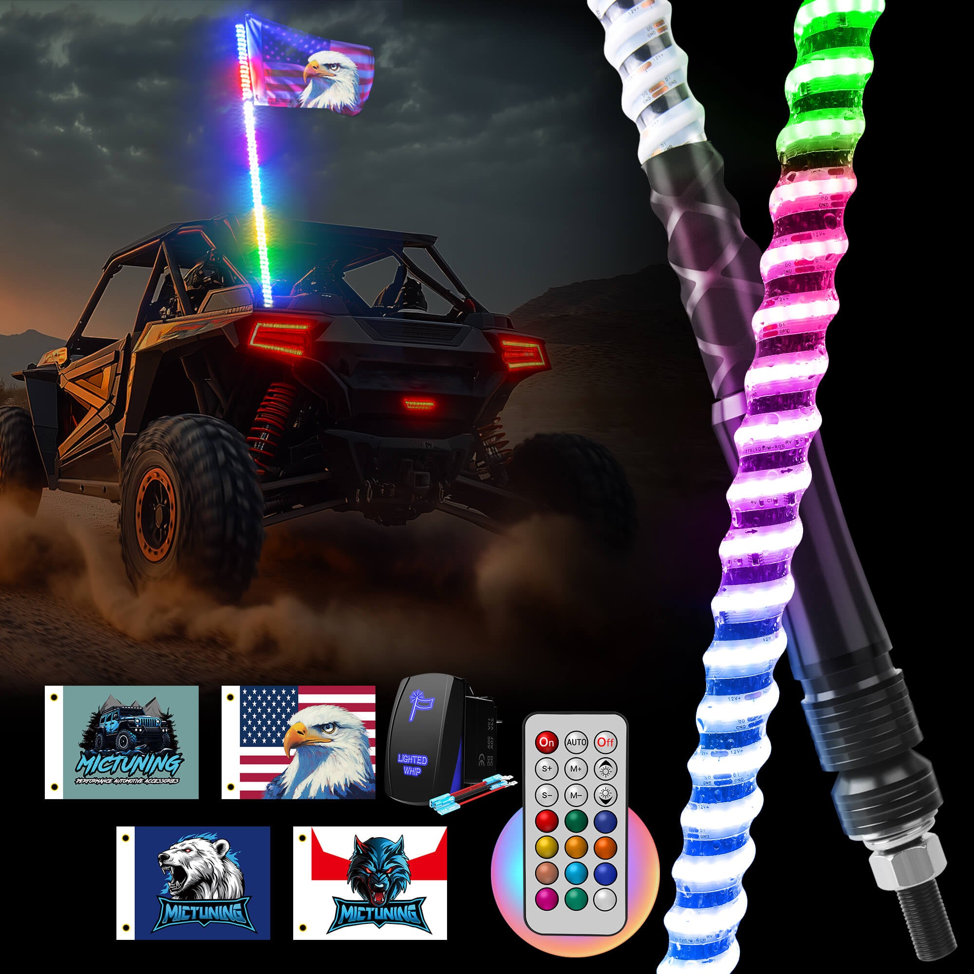 3FT/4FT COB LED Whip Lights, RGB+IC Chasing Colors w/ Remote Control, Rocker Switch & 8 Flags, 1pc/2pcs