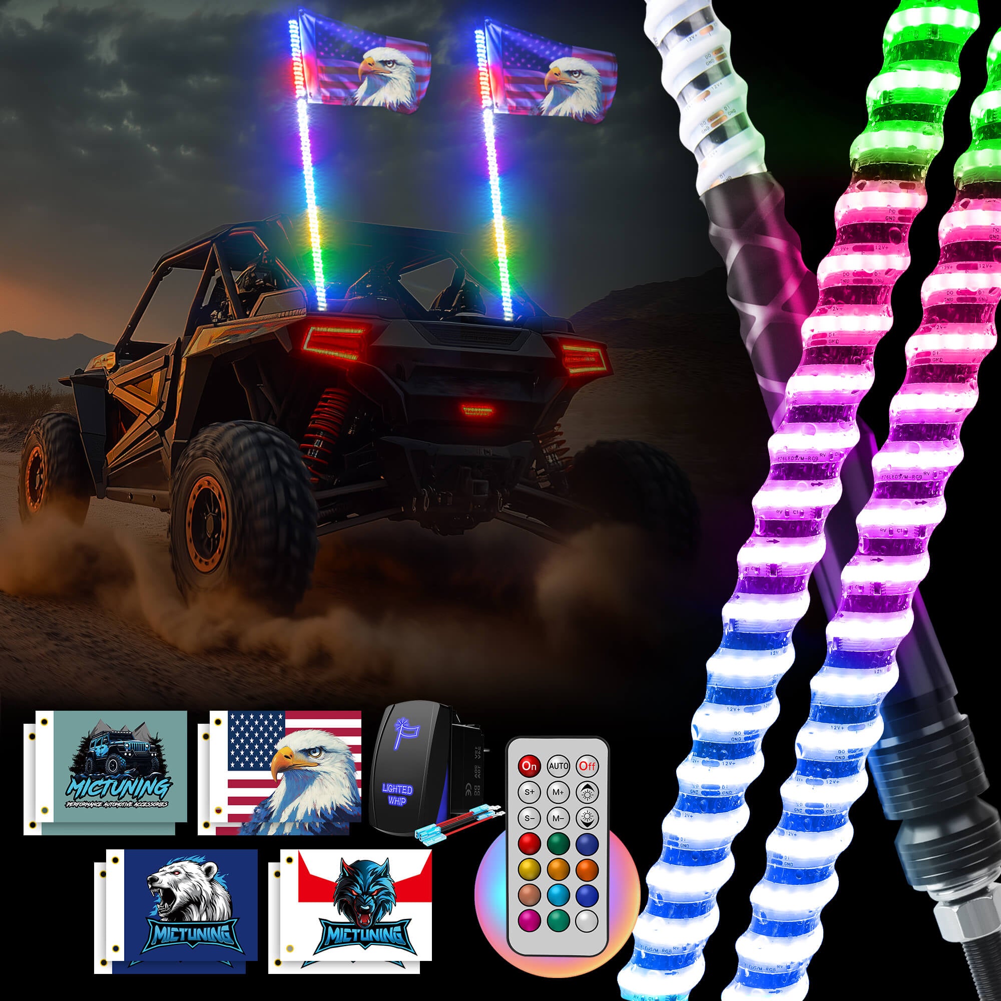 3FT/4FT COB LED Whip Lights, RGB+IC Chasing Colors w/ Remote Control, Rocker Switch & 8 Flags, 1pc/2pcs