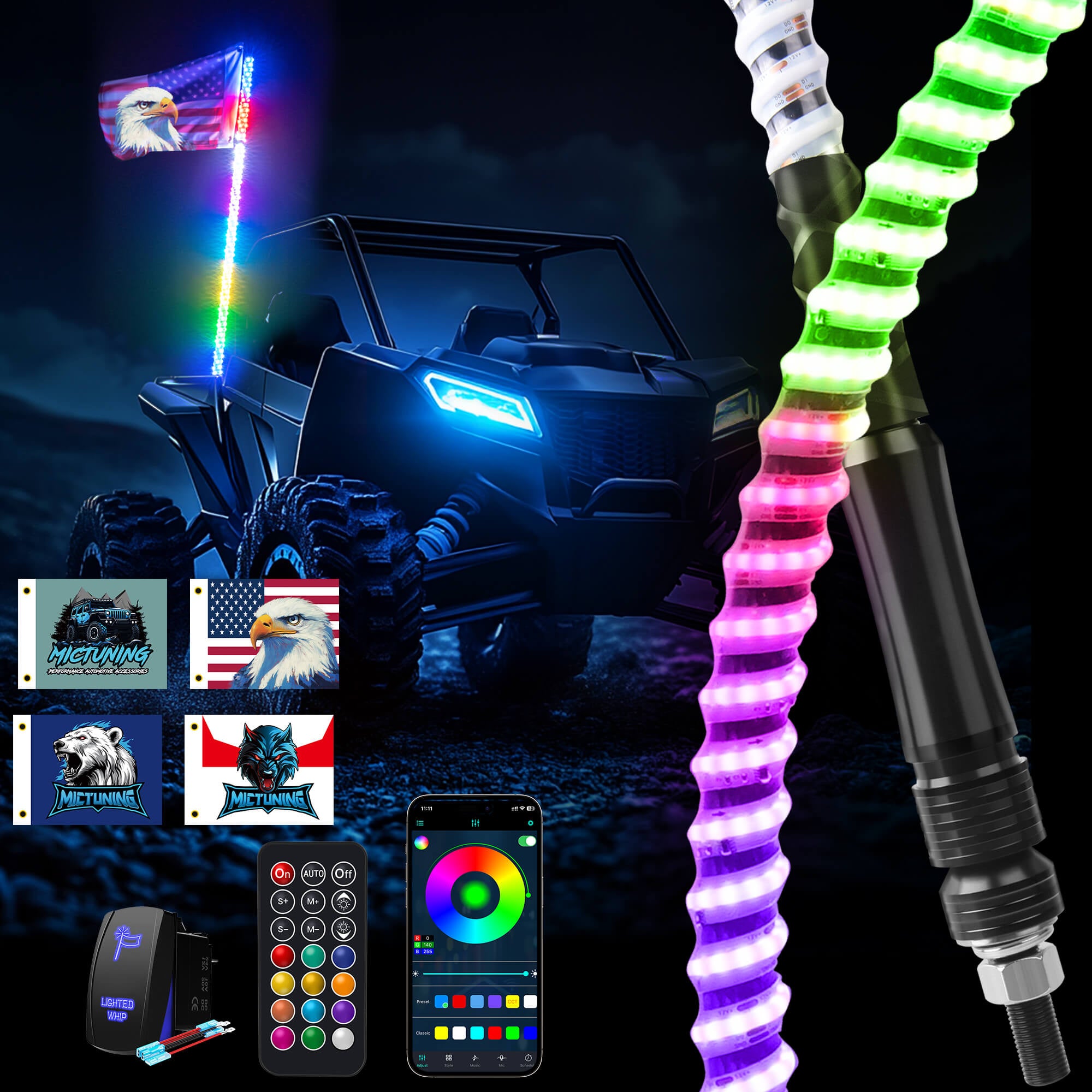 3FT/4FT COB LED Whip Lights,  RGB+IC Chasing Colors w/ APP+Remote Control, Rocker Switch & 8 Flags, Brake/Turn Signal/Reverse, 1pc/2pcs