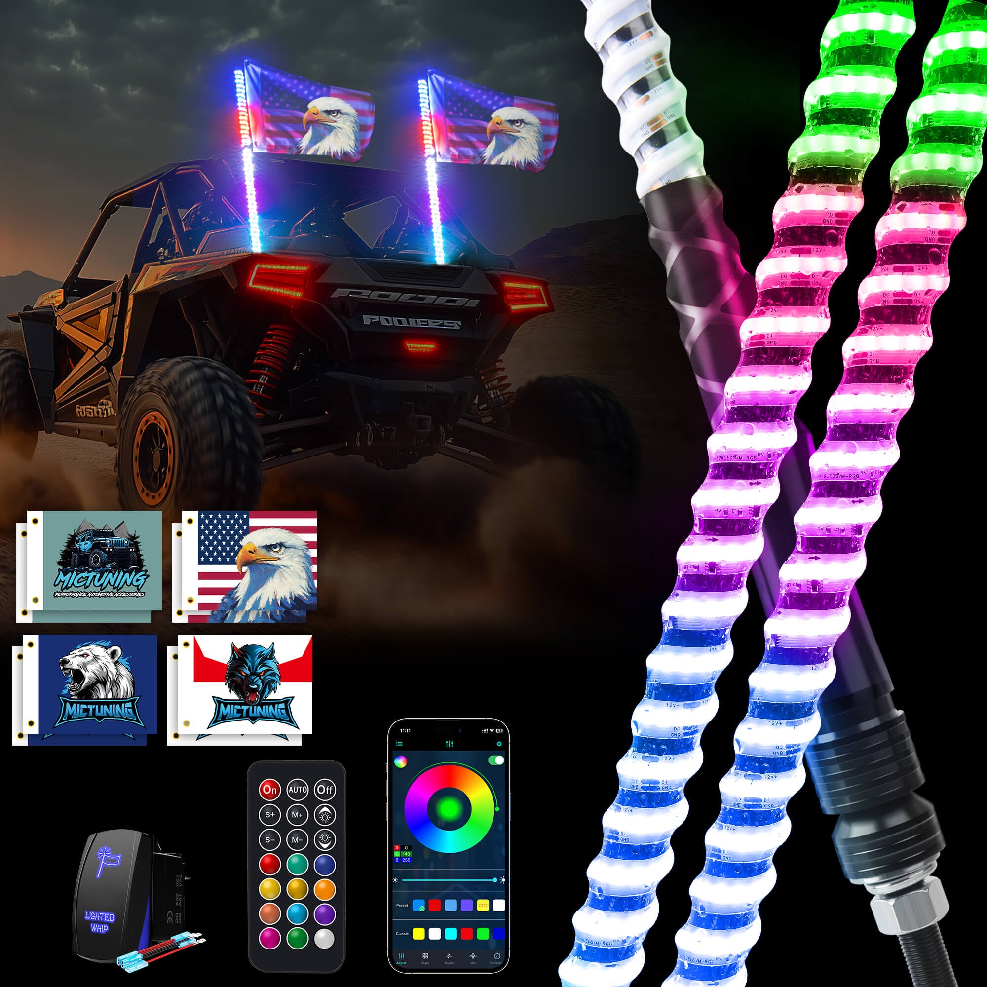 MICTUNING 3FT/4FT COB LED Whip Lights for UTV, ATV, 4 Wheeler trucks ...