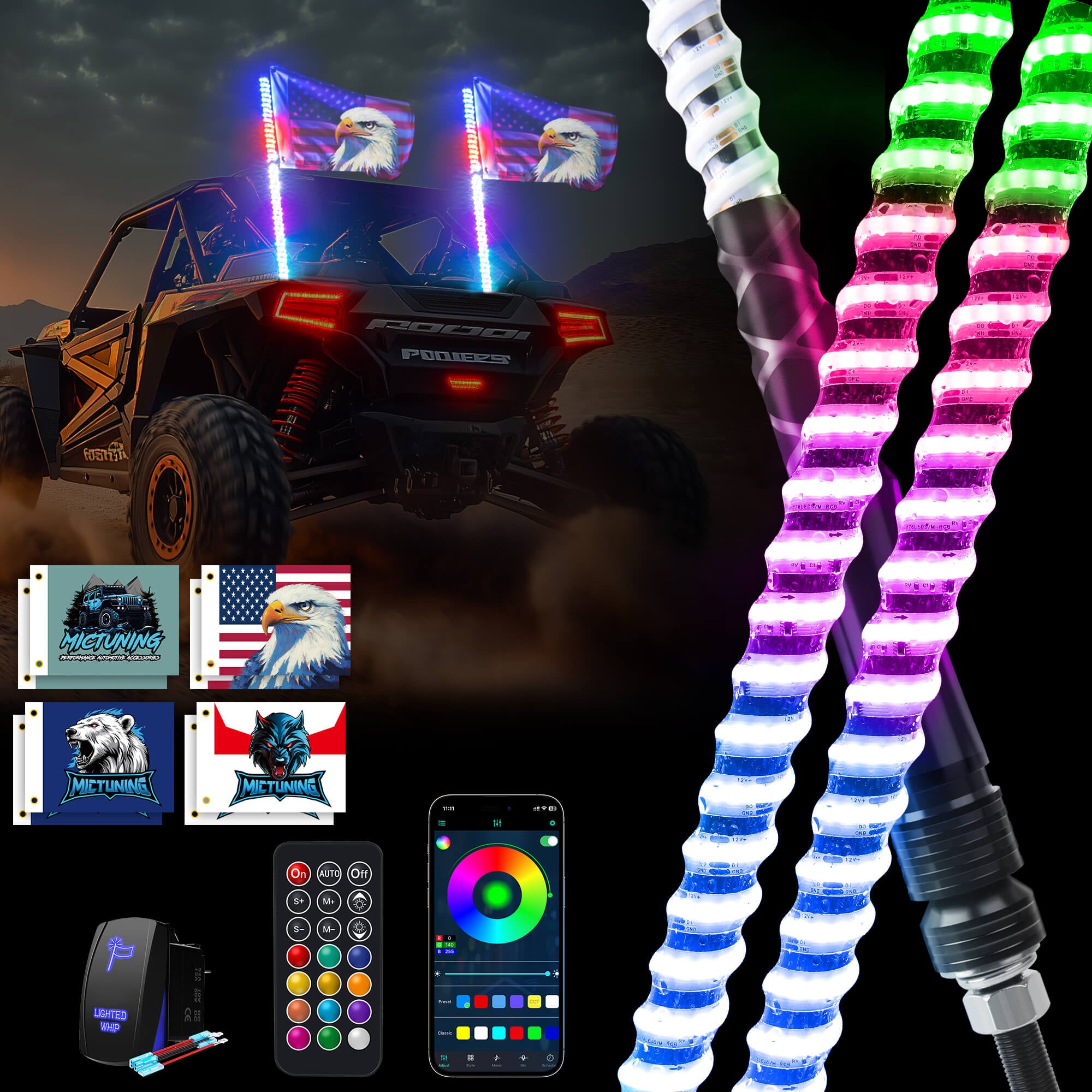 3FT/4FT COB LED Whip Lights,  RGB+IC Chasing Colors w/ APP+Remote Control, Rocker Switch & 8 Flags, Brake/Turn Signal/Reverse, 1pc/2pcs